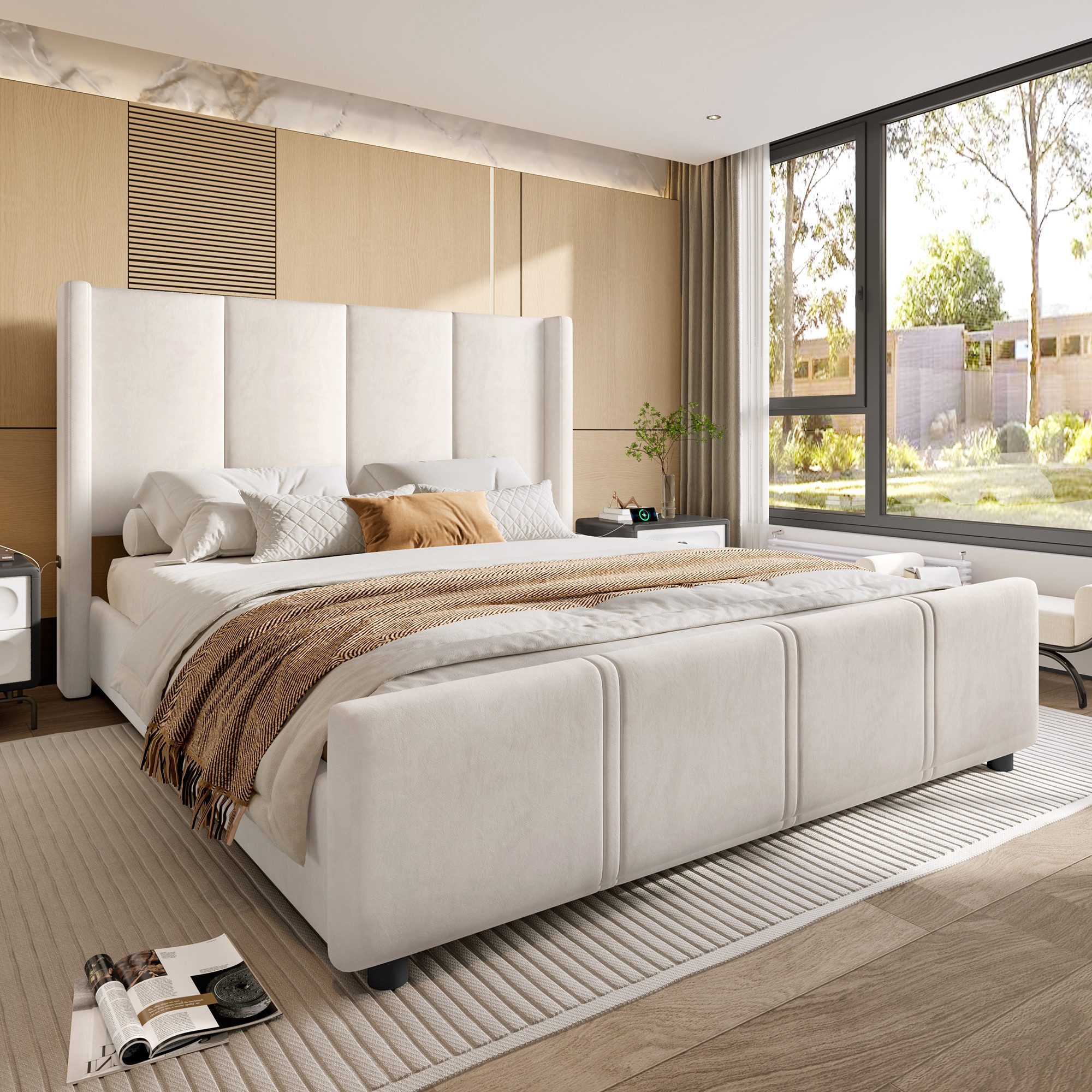 Celya Polsterbett Doppelbett, hohes Kopf- und Fußteil, zertifizierter USB-Anschluss (Ohne Matratze, Kombination aus Eisenrahmen und Holzplatte, stabil und langlebig), 140 x 200 cm stilvoller, moderner Polsterbettrahmen