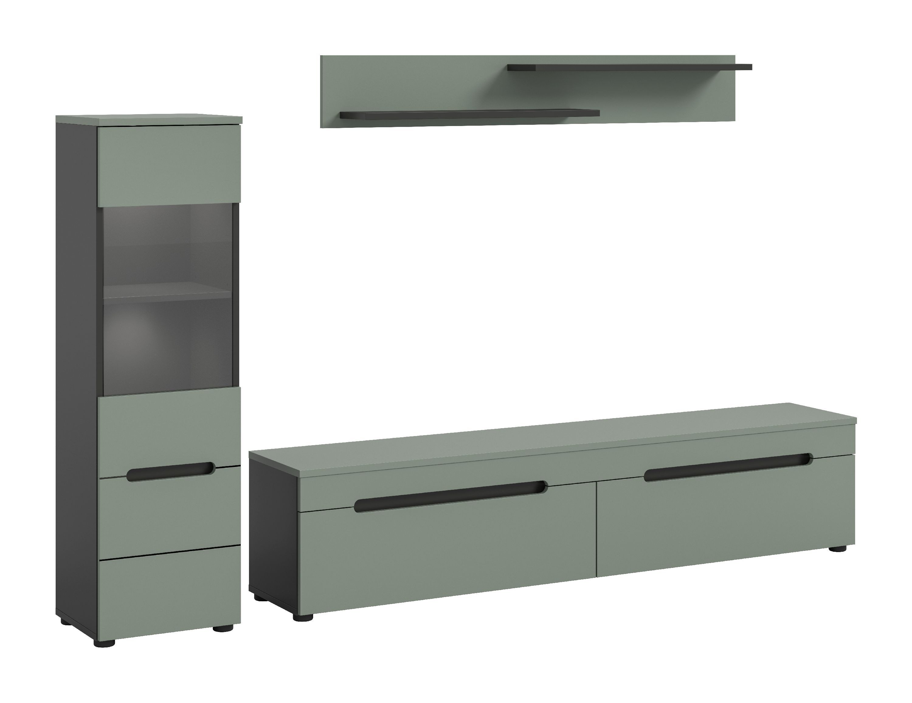 xonox.home Wohnwand, (3tlg. Set inkl. Vitrine, Lowboard, Wandboard), Smoke Green Melamin beschichtet modern 221x141x33 cm