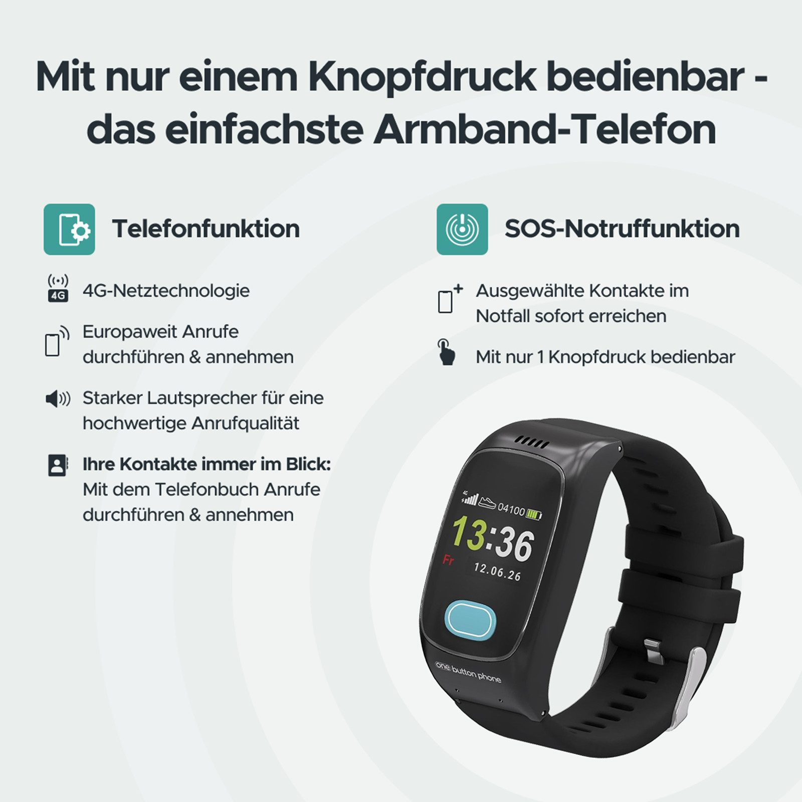 one button phone Notfallarmband GPS&SOS Notruf mit Sturzerkennung Smartwatch, SOS-Taste, automatische Sturzerkennung und GPS-Ortung