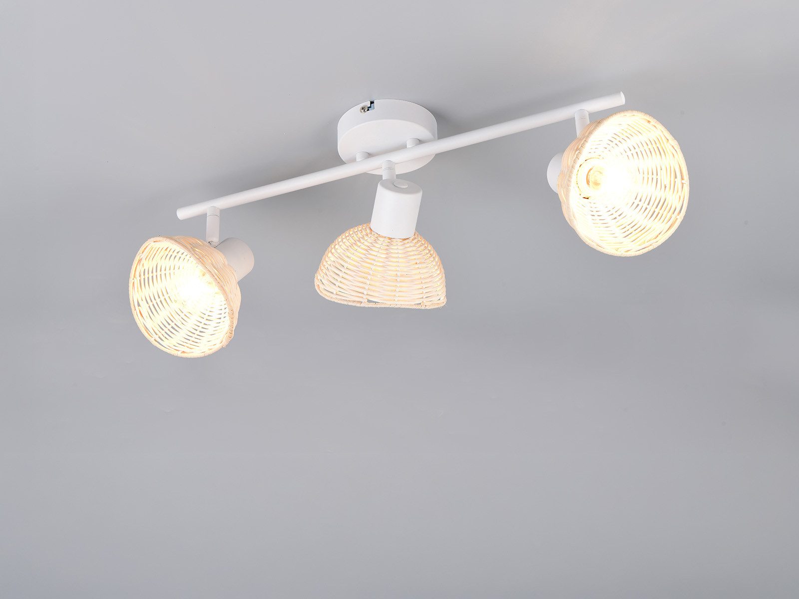 Reality Leuchten LED Deckenstrahler mit Rattan Lampenschirmen, Länge 59cm, Leuchtmittel dimmbar, LED wechselbar, Warmweiß, skandinavisch-e Deckenlampe 3-flammig mit E14 Leuchtmitteln