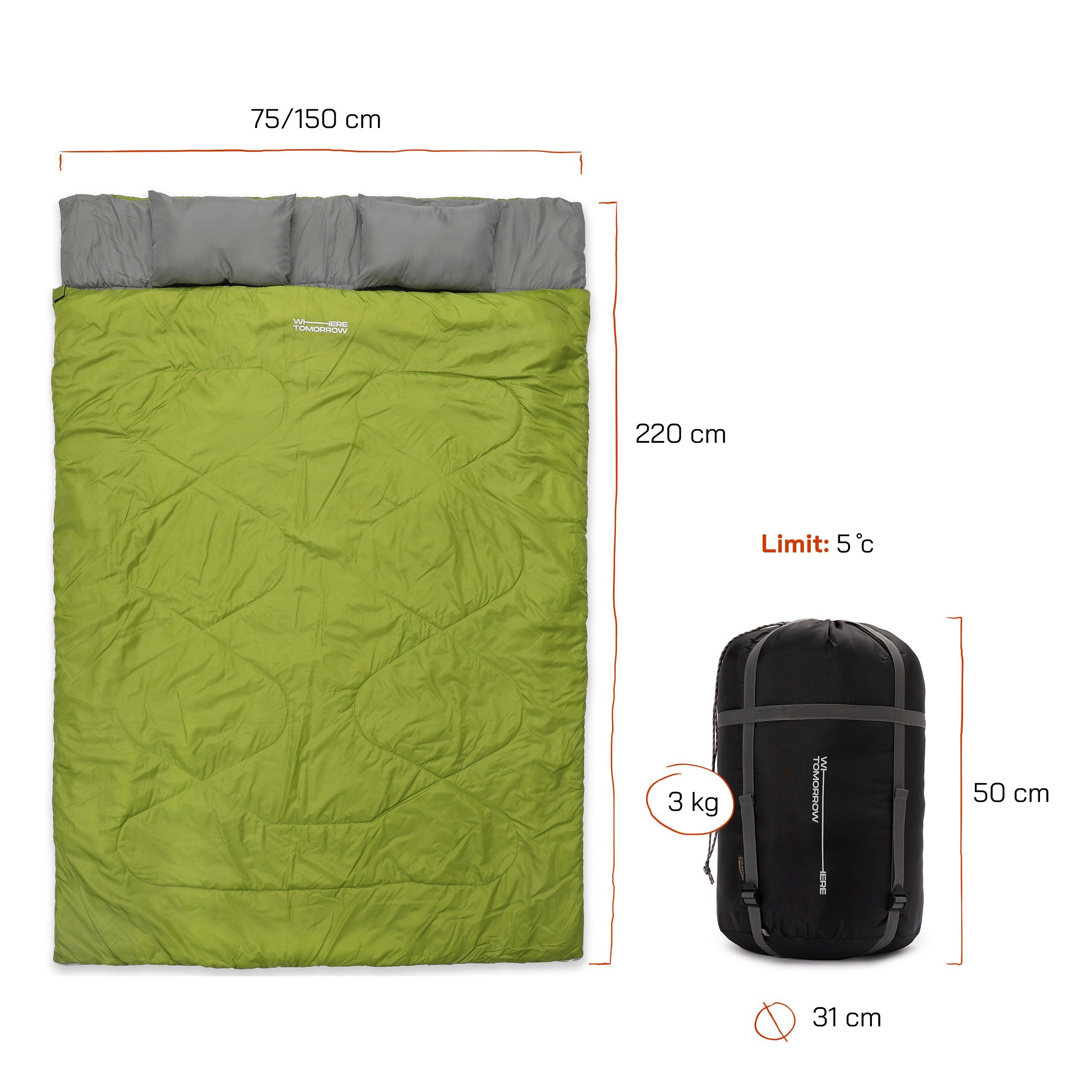 Hüttenschlafsack - atmungsaktiv Kopfkissen, Schlafsack groß Dunkelgrün 190x30x150cm Lumaland Doppelschlafsack wasserabweisend, 2-Personen