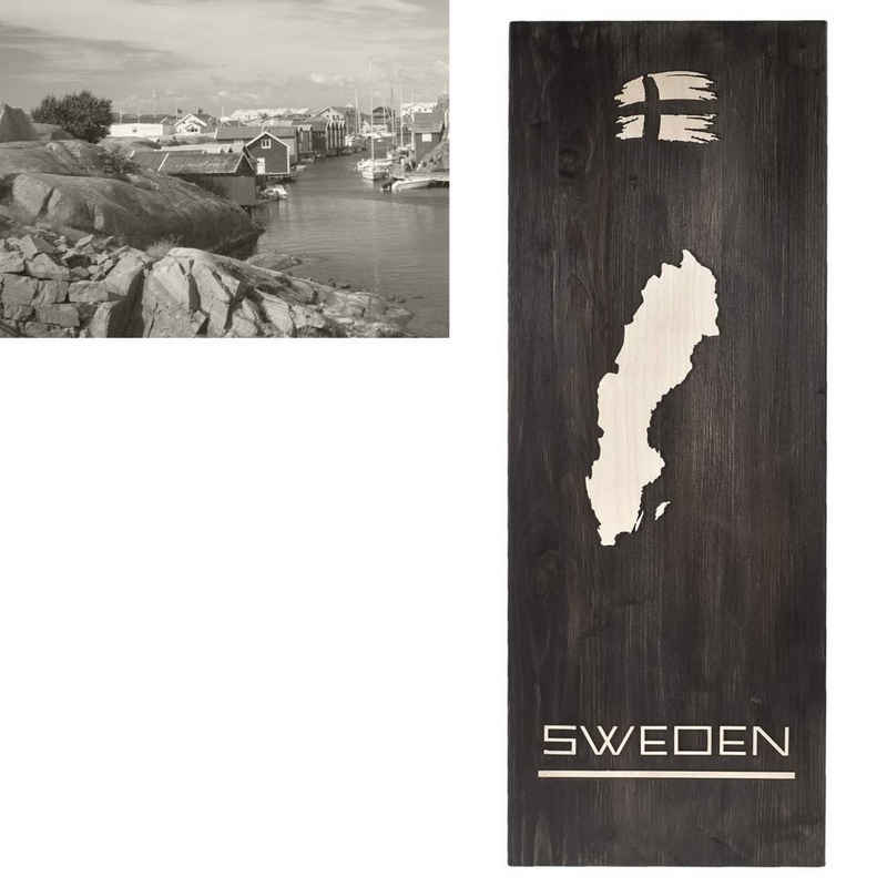 Raumzutaten Holzbild Skandinavien, Silhouette von Schweden, Wandbild 30x80cm, skandinavisch