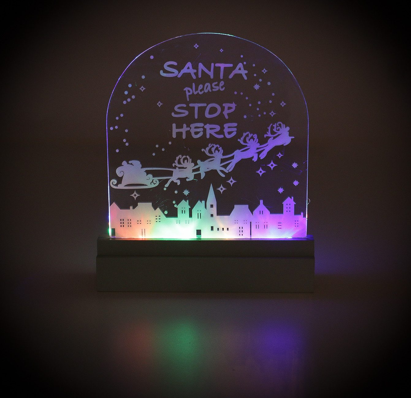 Grundig Weihnachtsfigur Weihnachtsbeleuchung Schild mit 4 farbigen LED (Weihnachtskekoration SANTA please Stop HERE)