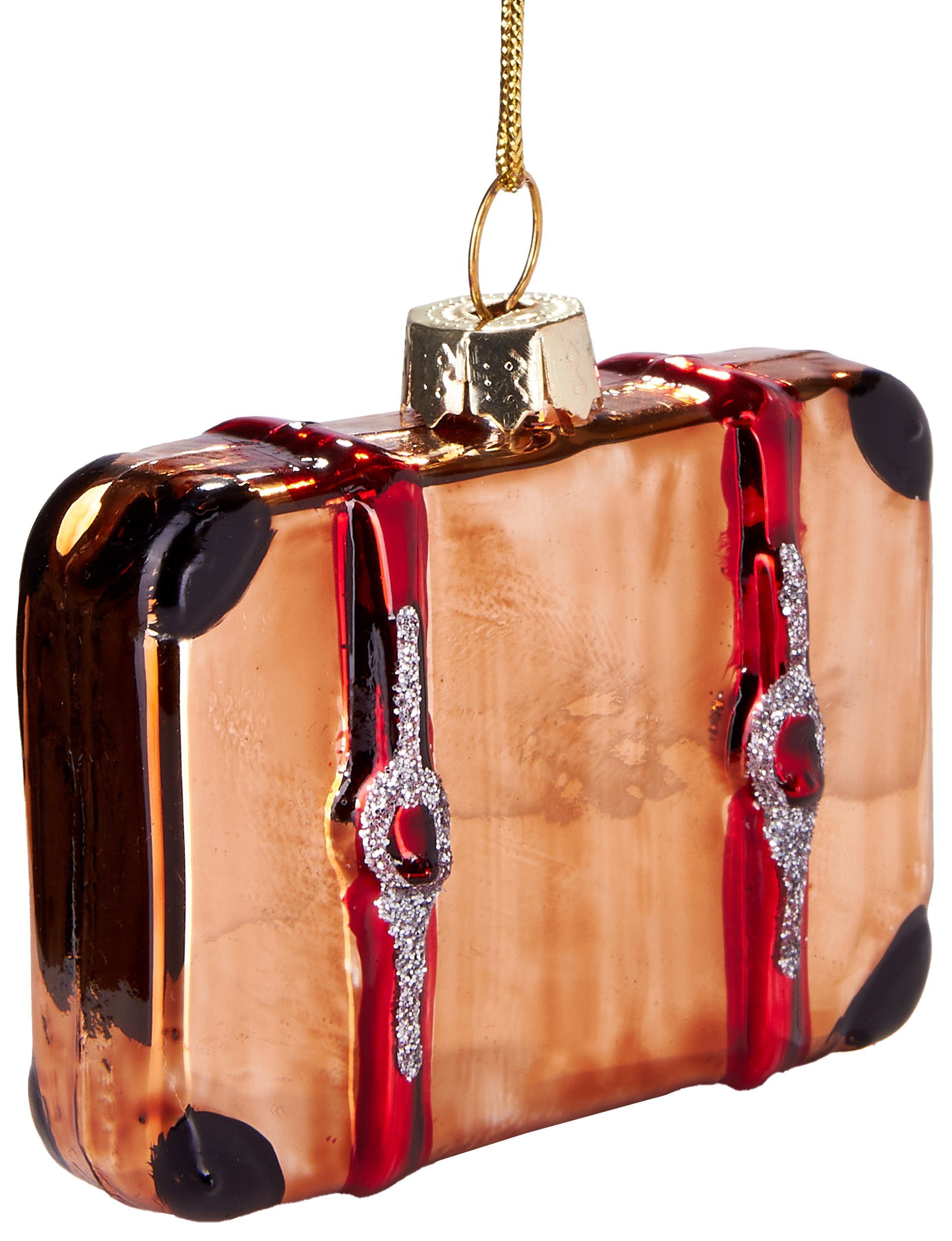 BRUBAKER Christbaumschmuck Handbemalte Weihnachtskugel Brauner Reisekoffer, Weihnachtsdekoration für Reisehungrige aus Glas, mundgeblasenes Unikat - 7 cm