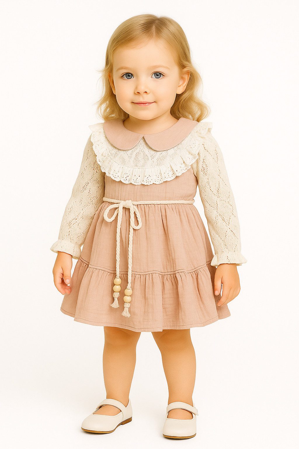 Lorey Medtec Taufkleid Prinzessin Kleid, Party Kleid, Spitze, 100% Baumwolle, Beige Spitze, Strickoptik