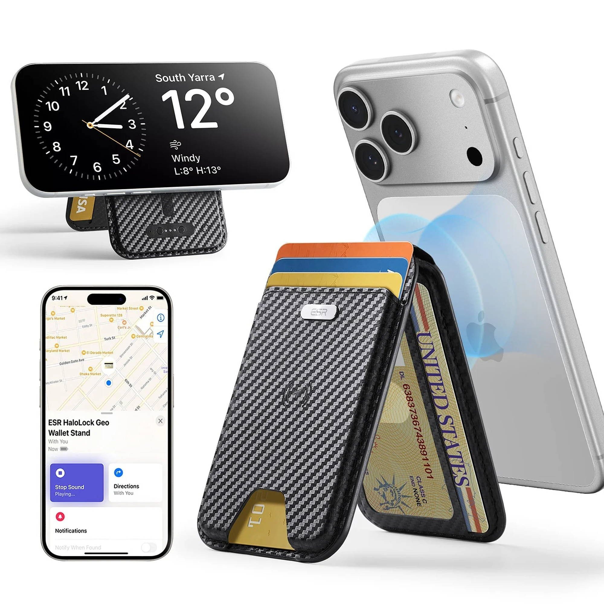 ESR Mini Geldbörse Geo Magnetic Wallet Stand für Karten (mit "Wo ist?" Funktion), 1,5 Std. Ladezeit / 6 Monate Nutzung, veganes Leder, 3,2kg Haltekraft