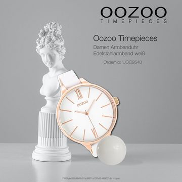 OOZOO Quarzuhr Oozoo Damen Armbanduhr weiß Analog, Damenuhr rund, groß (ca. 45mm) Edelstahlarmband, Fashion-Style