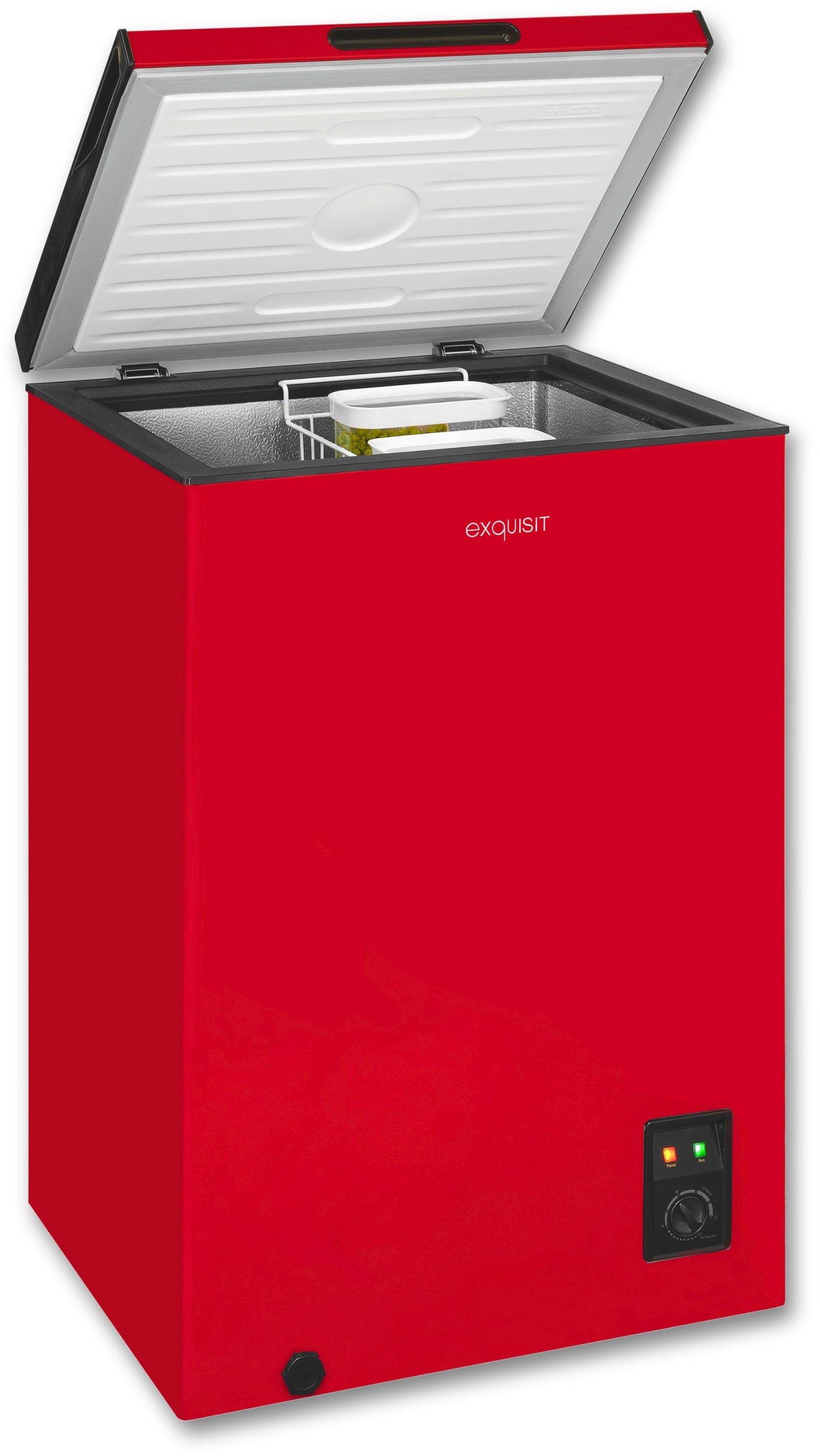 exquisit Gefriertruhe GT100-050E rot, 54,5 cm breit, 99 l, 4*-Gefriertruhe mit ergonomischer Griffmulde – bequem zu öffnen