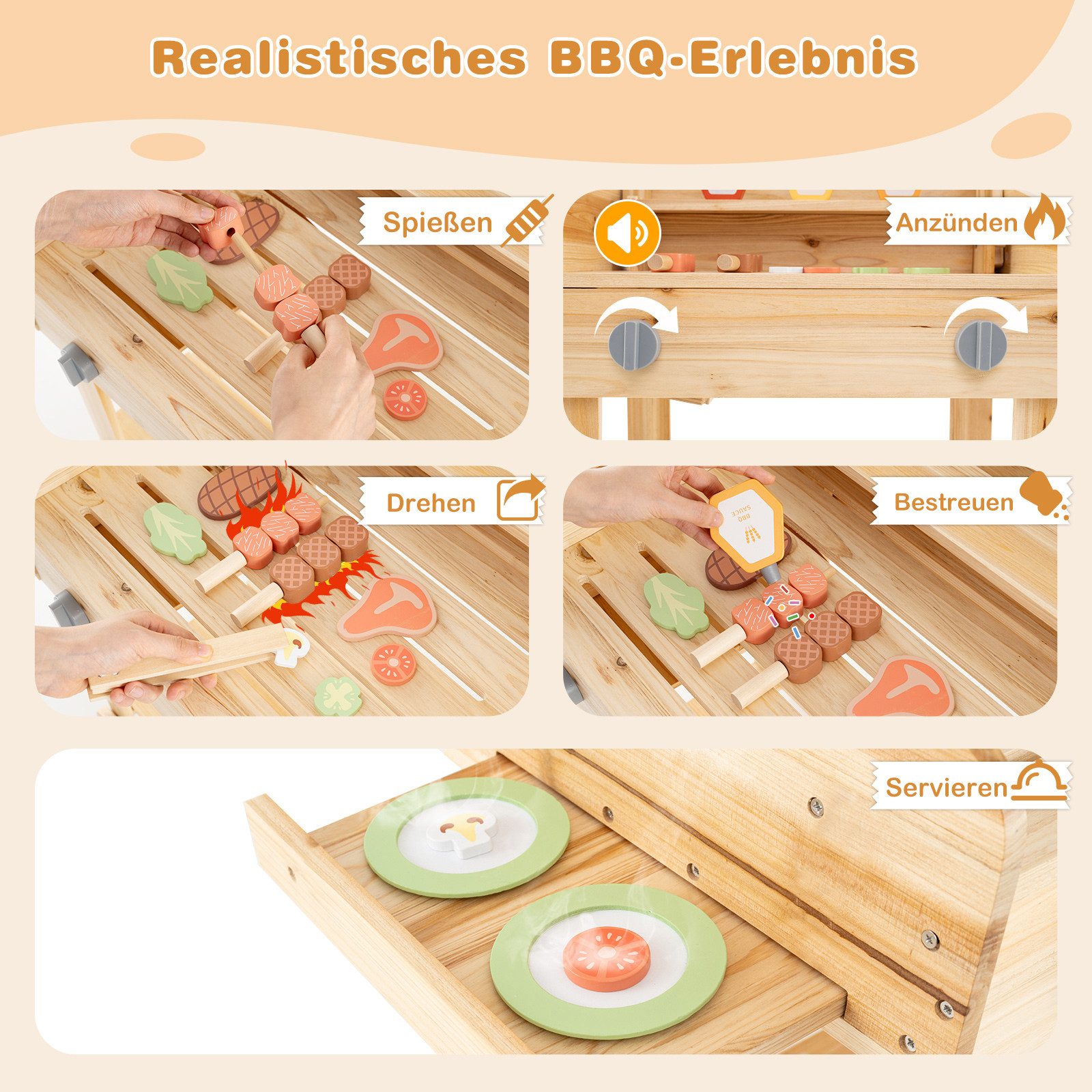 COSTWAY Kinder-Grill, Kinder BBQ, Outdoor Spielgrill Holz