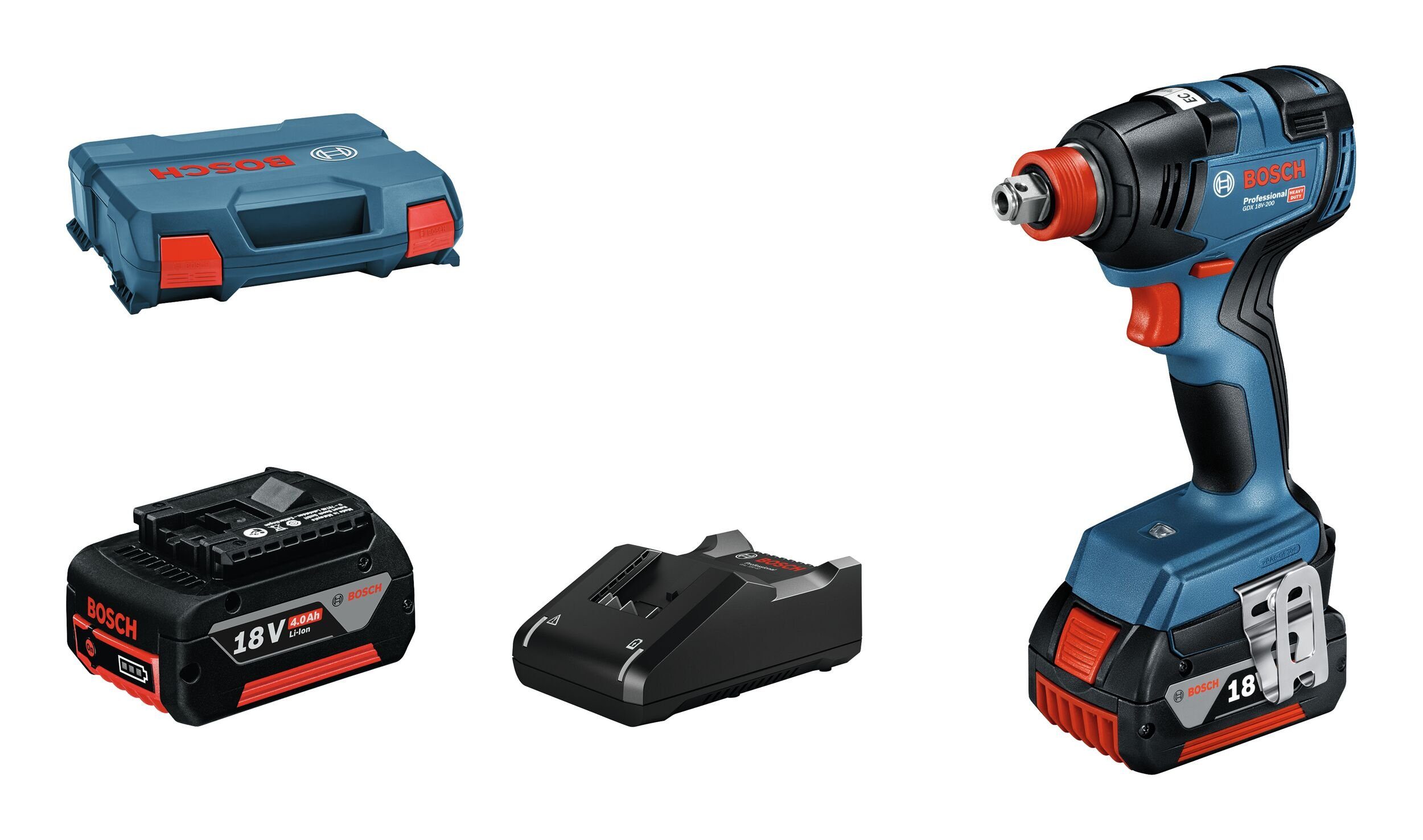 Bosch Professional Akku-Schlagschrauber GDX 18V-200, 3400 U/min, 200 Nm, Drehschlagschrauber mit 2x Akku 4 Ah - im L-Case