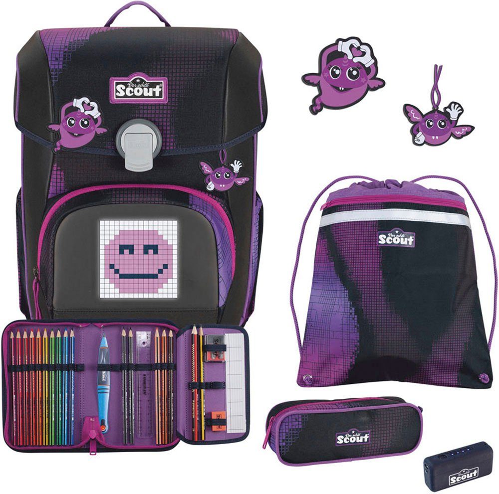 Scout Schulranzen Neo Movie Star, mit LED-Display, Pink Pixel (Set, 4-tlg), mit Powerbank, enthält recyceltes Material