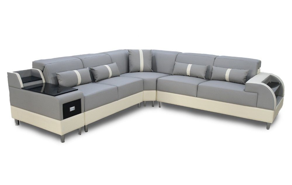 Ecksofa Elegantes graues L-Form Sofa mit Kunstleder und Edelstahlfüßen