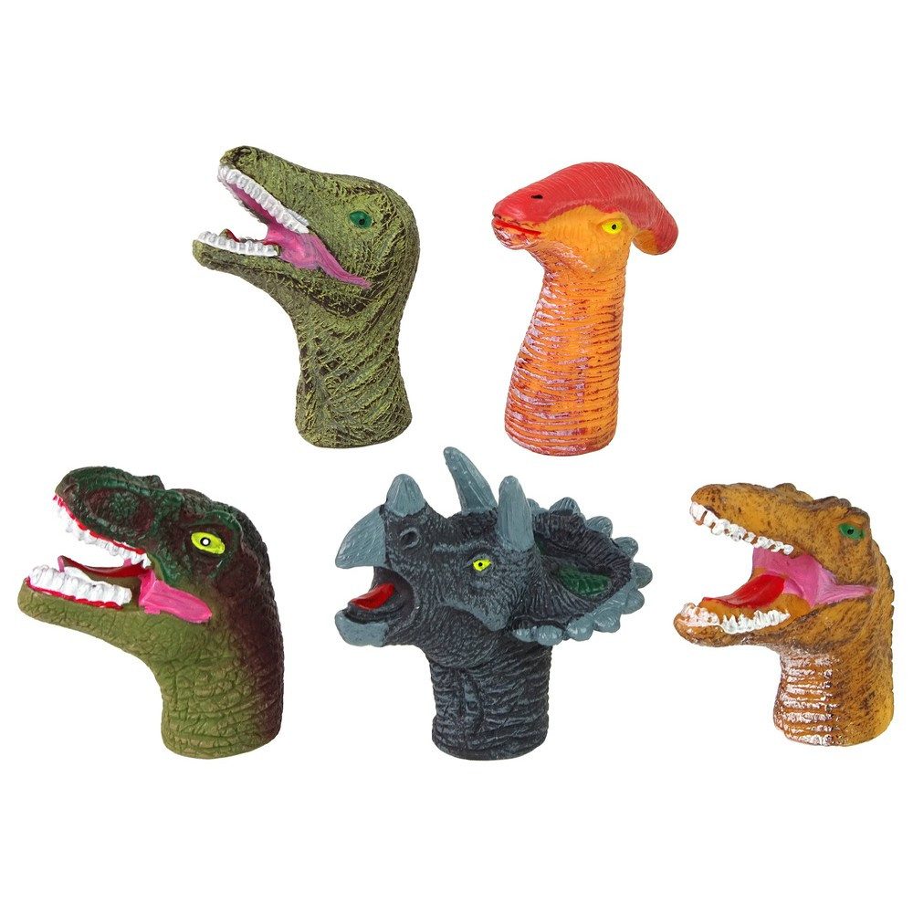 LEAN TOYS Fingerpuppe Dinosaurierköpfe Handpuppen Kindertheater (Spar-Set, 5-tlg., 3 x 6 x 2 cm flexibel), 5 Dinosaurier, flexibles Gummi, ab 3 Jahren