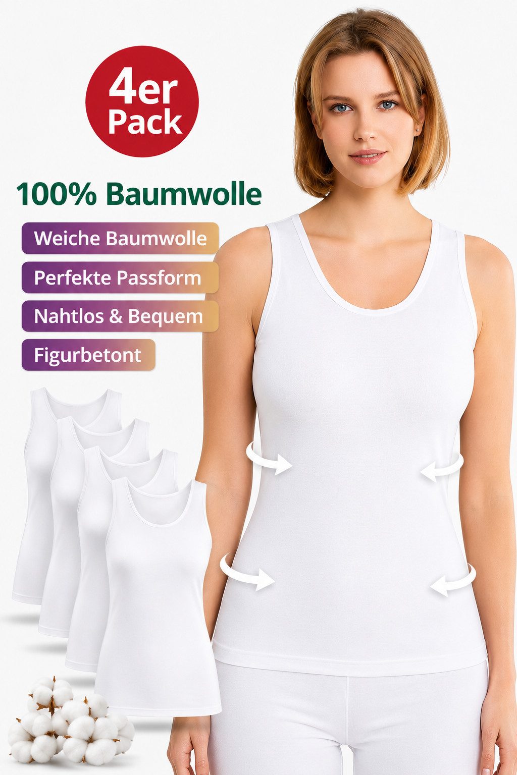 DDOnlineShop Unterhemd Damen 4er Pack Tank Top Achselhemd A2037 (Spar-Set, 4-St., 4er-Pack) Premium Qualität – Bild 4 von 5