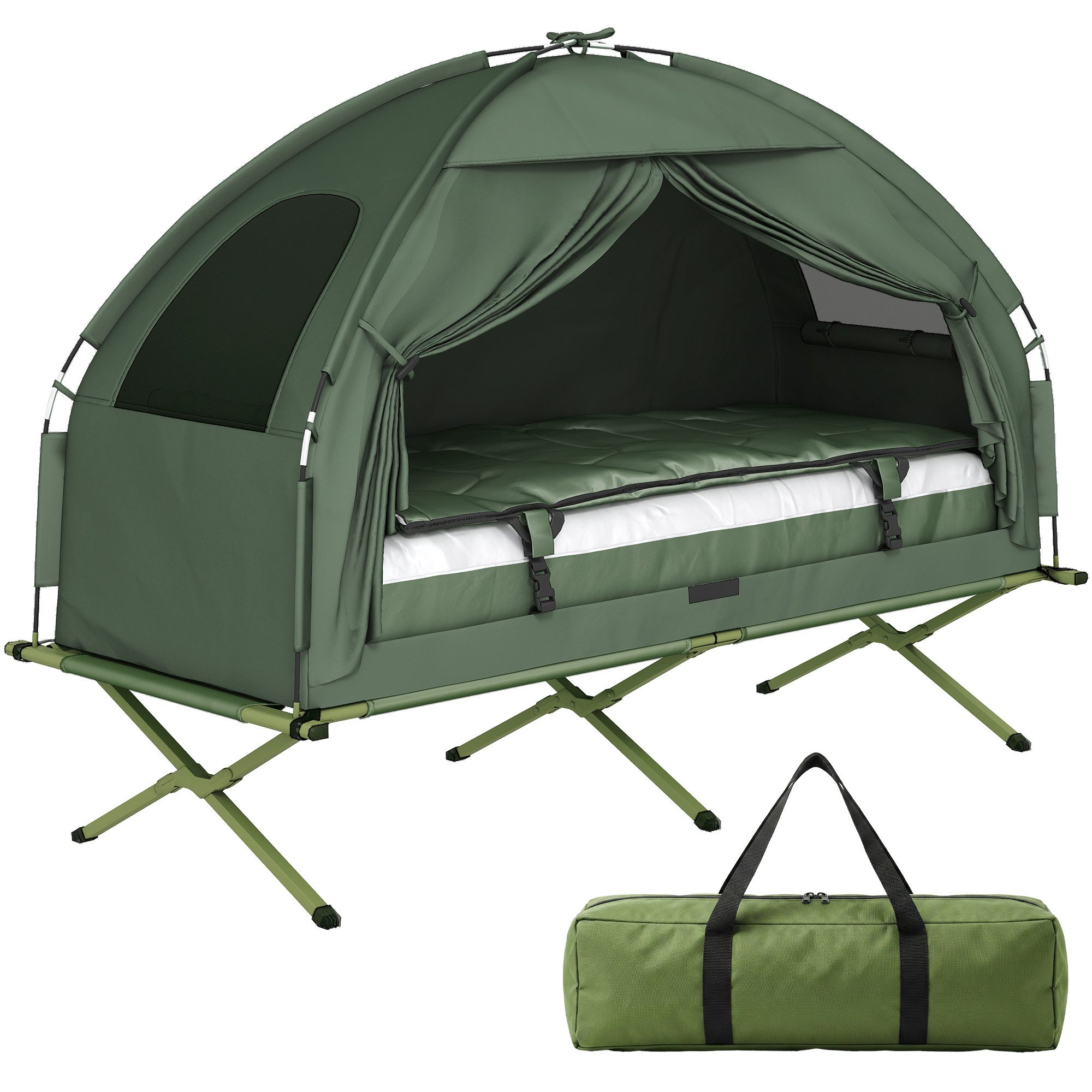Outsunny Faltzelt Wurfzelt mit Luftpumpe, Extra Breit, Outdoor Campingliege, Personen: 1 (Feldbett, 1 tlg., Campingbett), für Garten, Balkon, Dunkelgrün