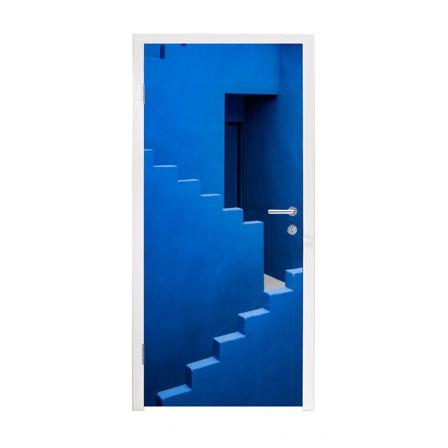 für Blau Treppe cm 75x205 - St), - Tür, Matt, MuchoWow bedruckt, - Türtapete Architektur Türaufkleber, Gebäude, Fototapete (1