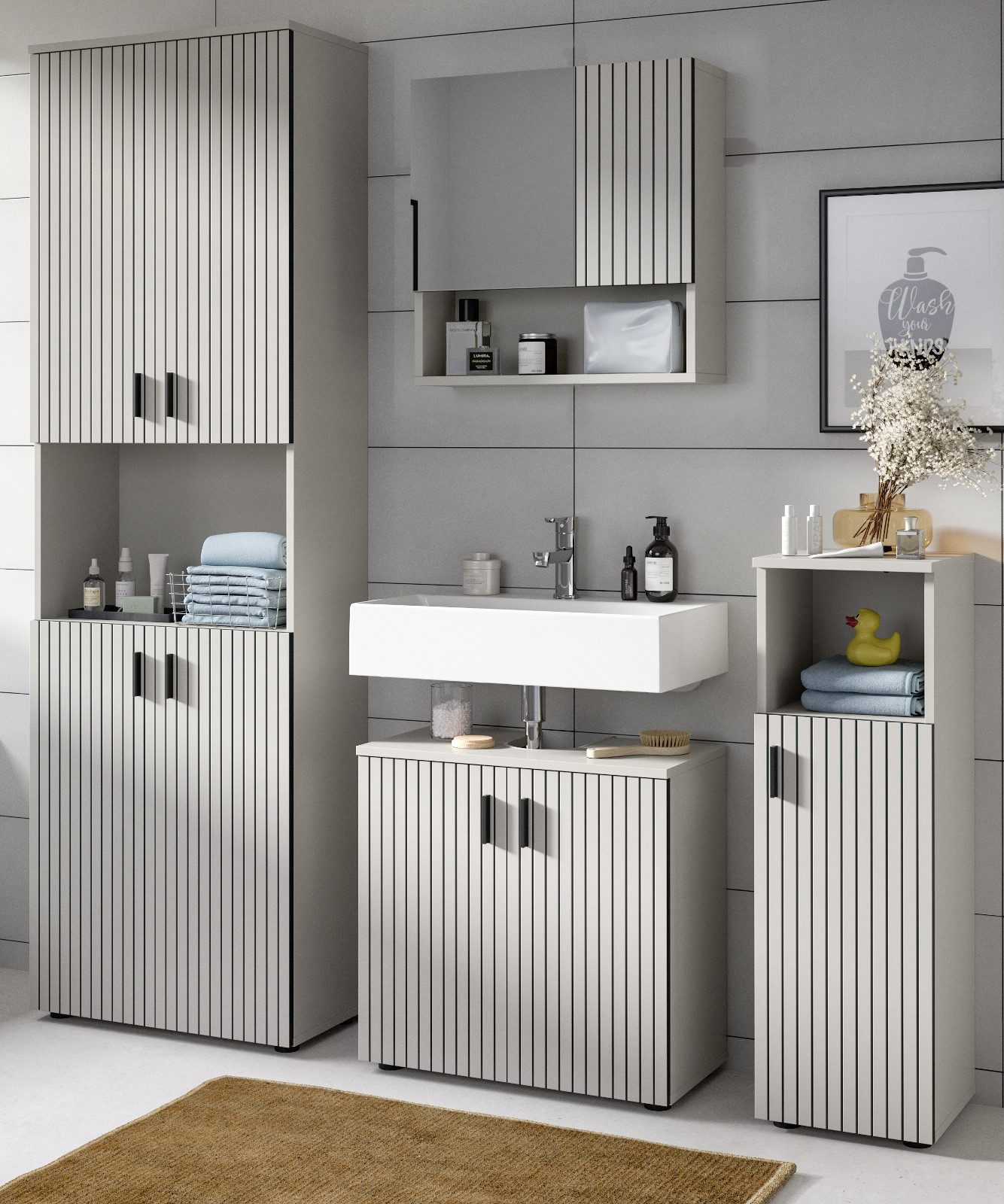 Inn.Furn Badmöbel-Set Livia, (Badezimmer in Kaschmir / Sandmit Rillenoptik, 4-teilig, 180 x 192 cm), mit 16 geschlossenen Fächern