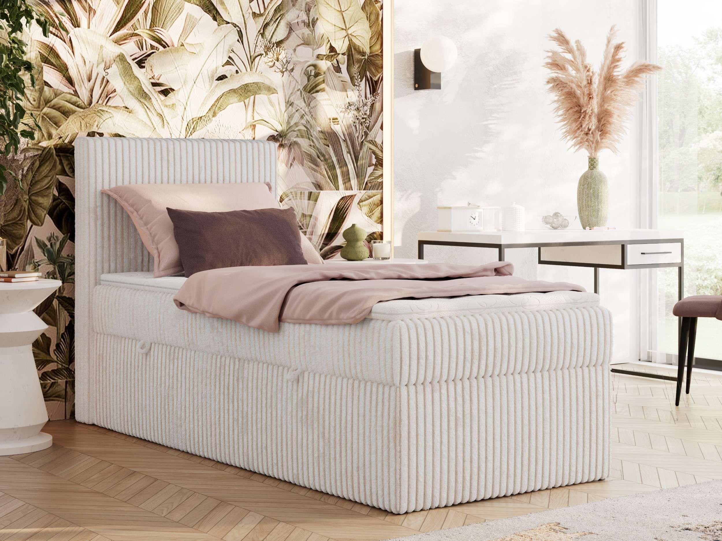 MKS MÖBEL Boxspringbett TILIANO 90 (Set, Topper T25 oder Visco, T30 Schaum, 7 Härtezonen), Einzelbett 90x200, Stauraum, Multipocket-Matratze, Kopfteil