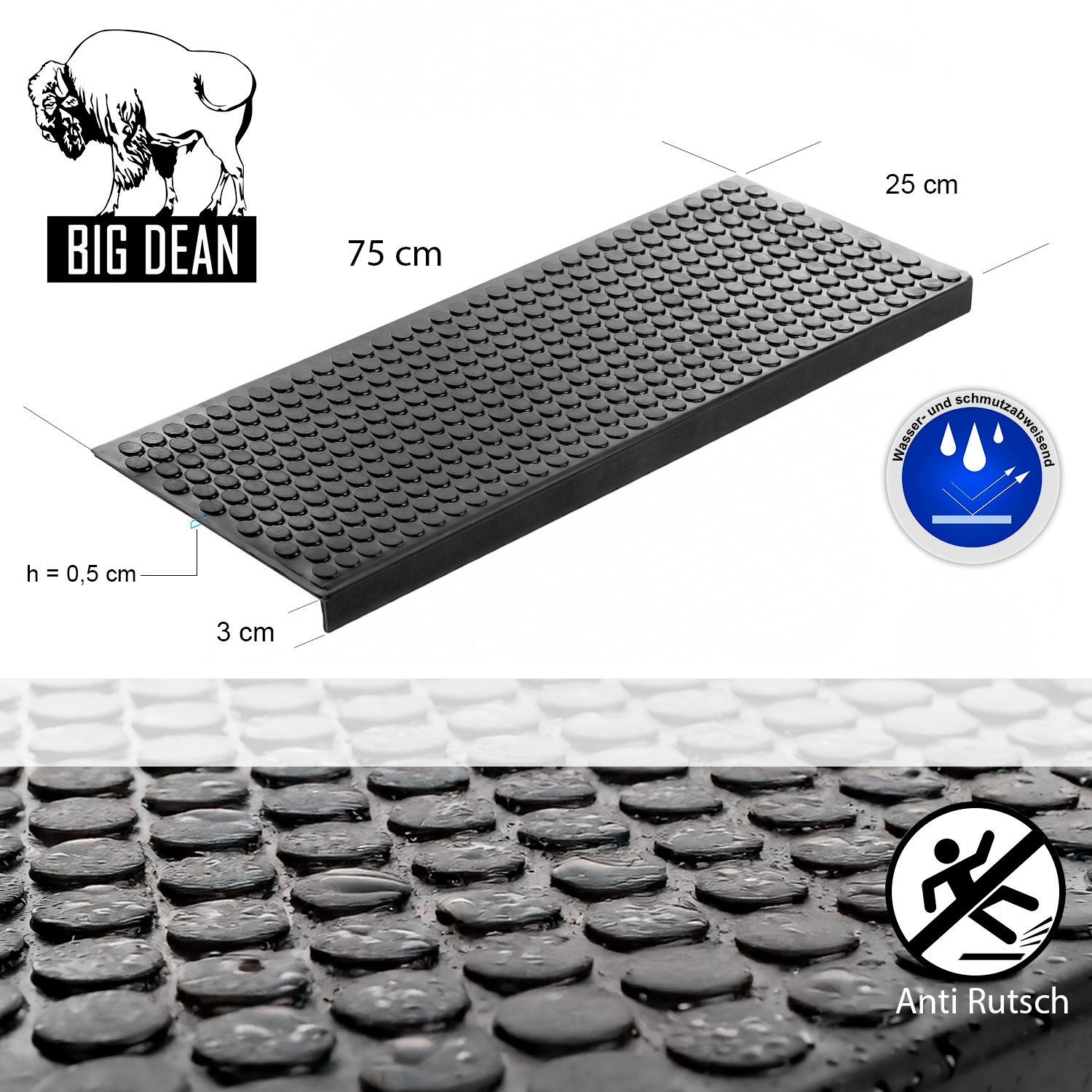 BigDean Stufenmatte Stufenmatten aus Gummi – 75 x 25 cm – Outdoor Treppenstufenmatten, Eckig, Höhe: 3 mm, Rutschhemmend, Kantenschutz, Outdoor geeignet