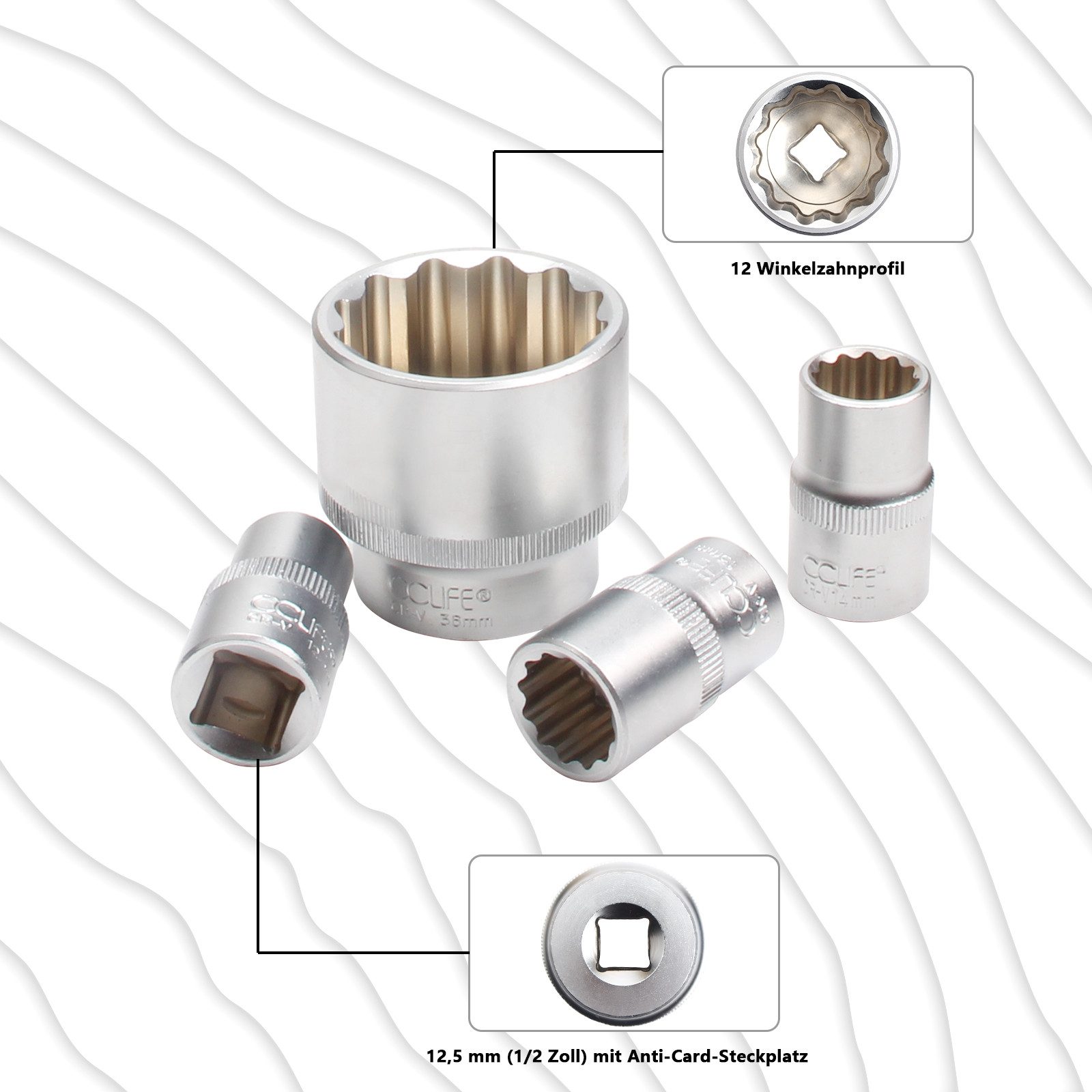 CCLIFE Steckschlüssel 1/2" Steckschlüssel Vielzahn Nuss Stecknuss für 6 und 12Kant 8-36mm