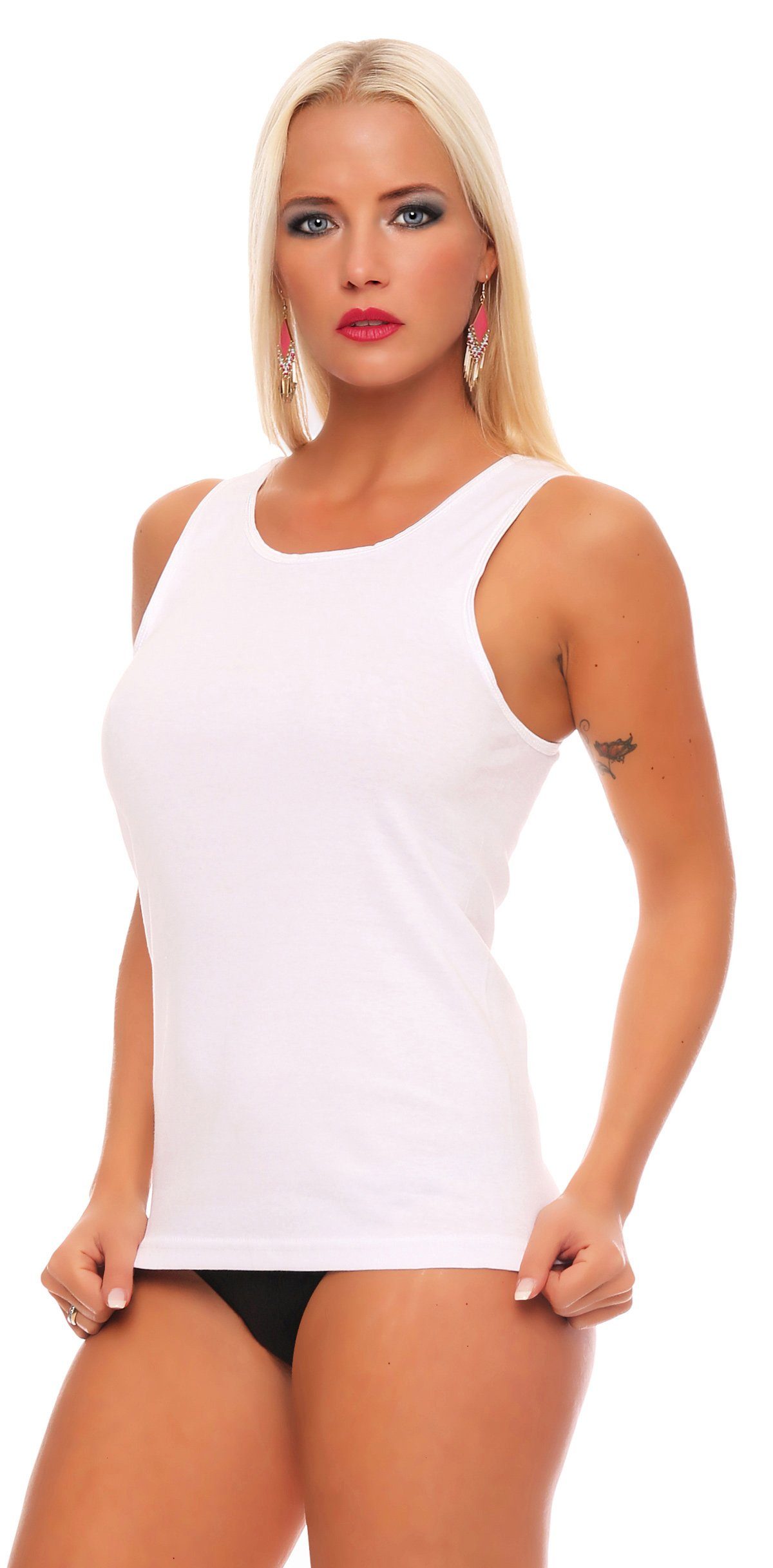 Feinripp 100% Baumwolle weich Seitennähte underwear Damen-Unterhemd (8-St) Unterhemd ohne weiß Cocain