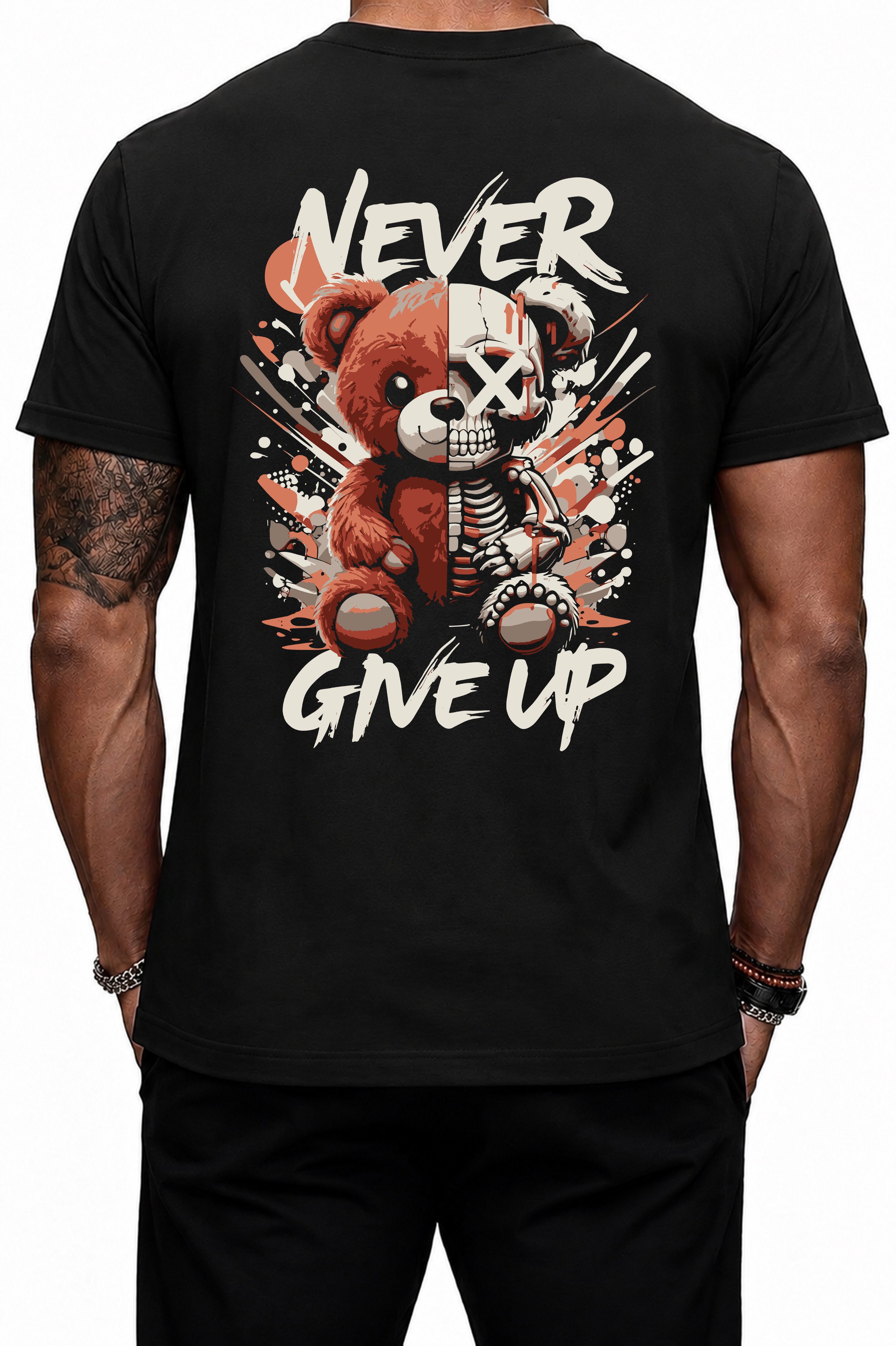 Banco T-Shirt Herren Teddy Bär Rundhals Sommer Basic Shirt "Never Give Up" Rundhalsausschnitt mit Nackenband – formstabil & bequem