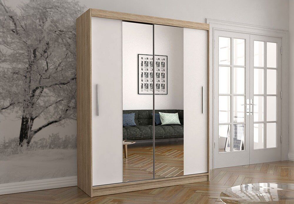 Polini Home Schwebetürenschrank Schwebetürenschrank Prime mit 150x200 Spiegel Eiche-Weiß mi Eiche-Weiß eiche-weiß Spiegel | mit Comfort