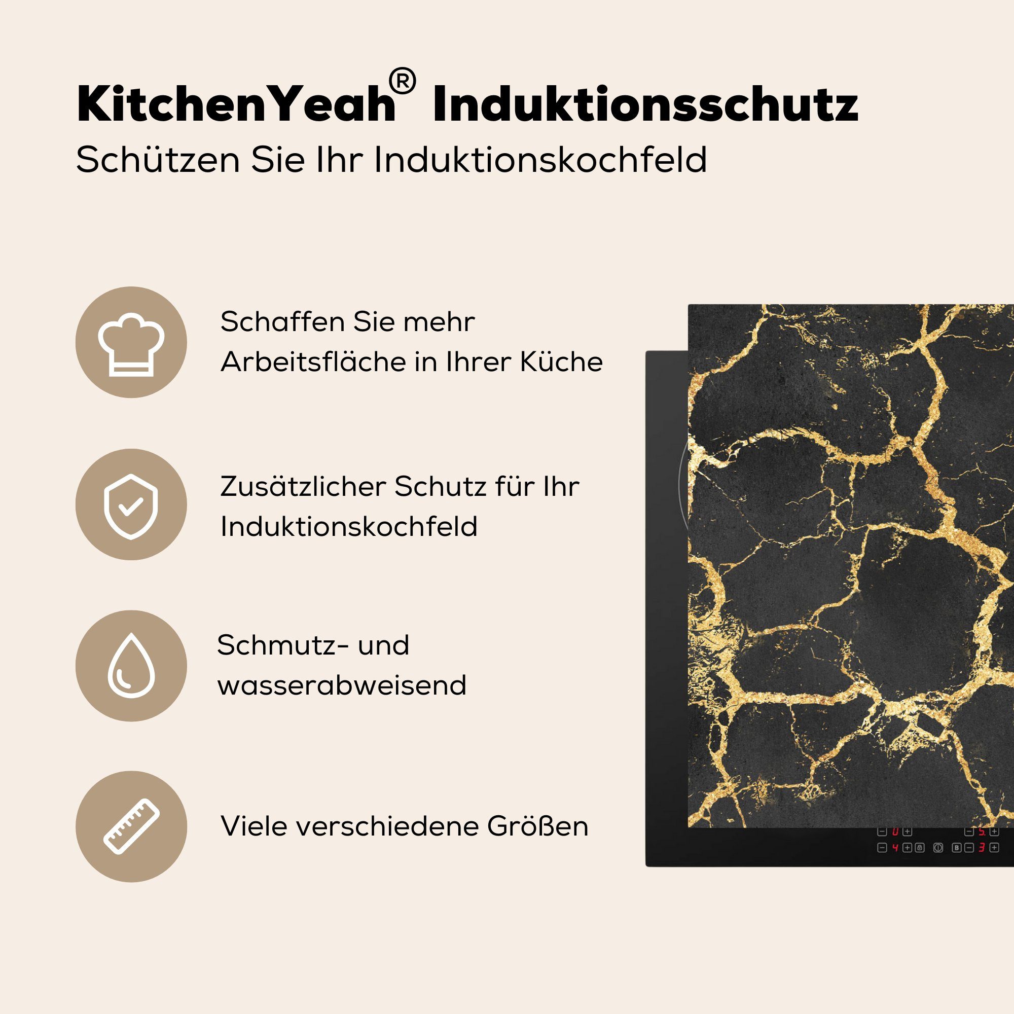 (1 für küche, cm, - Herdblende-/Abdeckplatte Schwarz, tlg), Ceranfeldabdeckung Gold die 81x52 Schutz - Induktionskochfeld MuchoWow Marmor Vinyl,