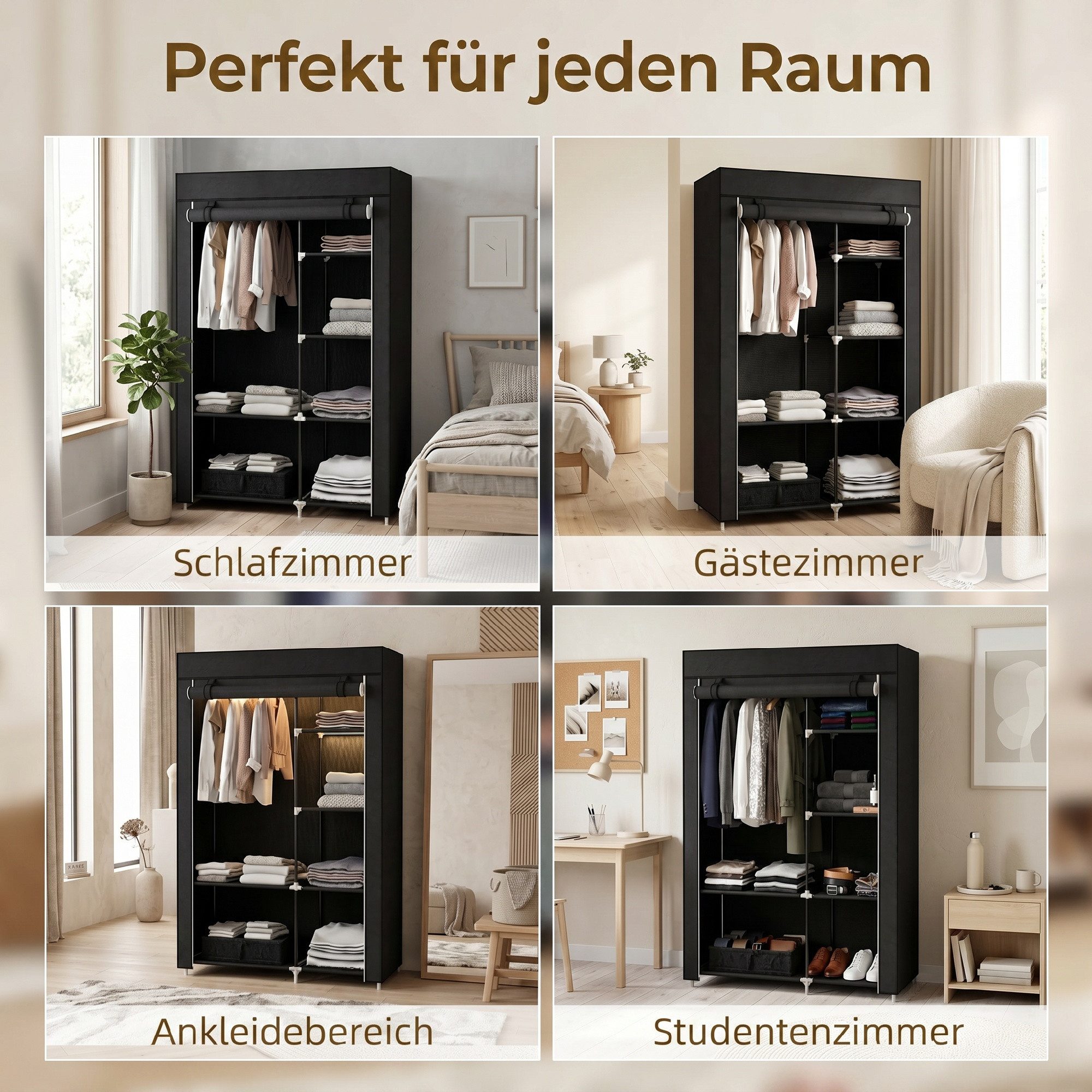 furnicato Kleiderschrank Stoffschrank Schwarz 103L x 43B x 162,5H cm mit Garderobenschrank mit 6 Einlegeböden, Reißverschluss und Staubschutz – Bild 5 von 5