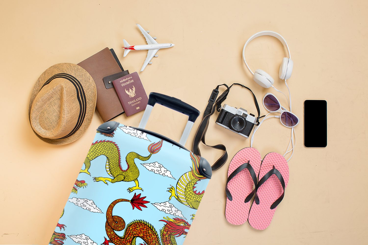 MuchoWow Handgepäckkoffer Drache - Chinesisch mit Handgepäck Rollen, Muster, Reisetasche rollen, - 4 für Reisekoffer Trolley, Ferien