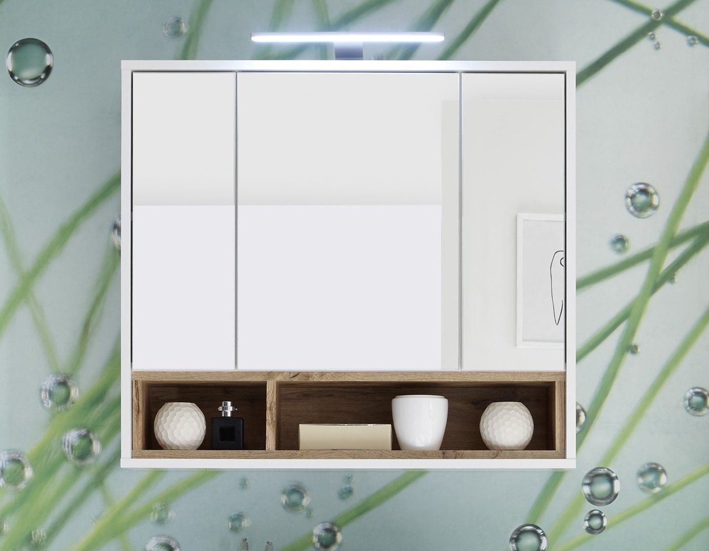 freiraum Badezimmerspiegelschrank Milano in Weiß-Wildeiche mit 3 Einlegeböden. Abmessungen (BxHxT) 80x72x21 cm