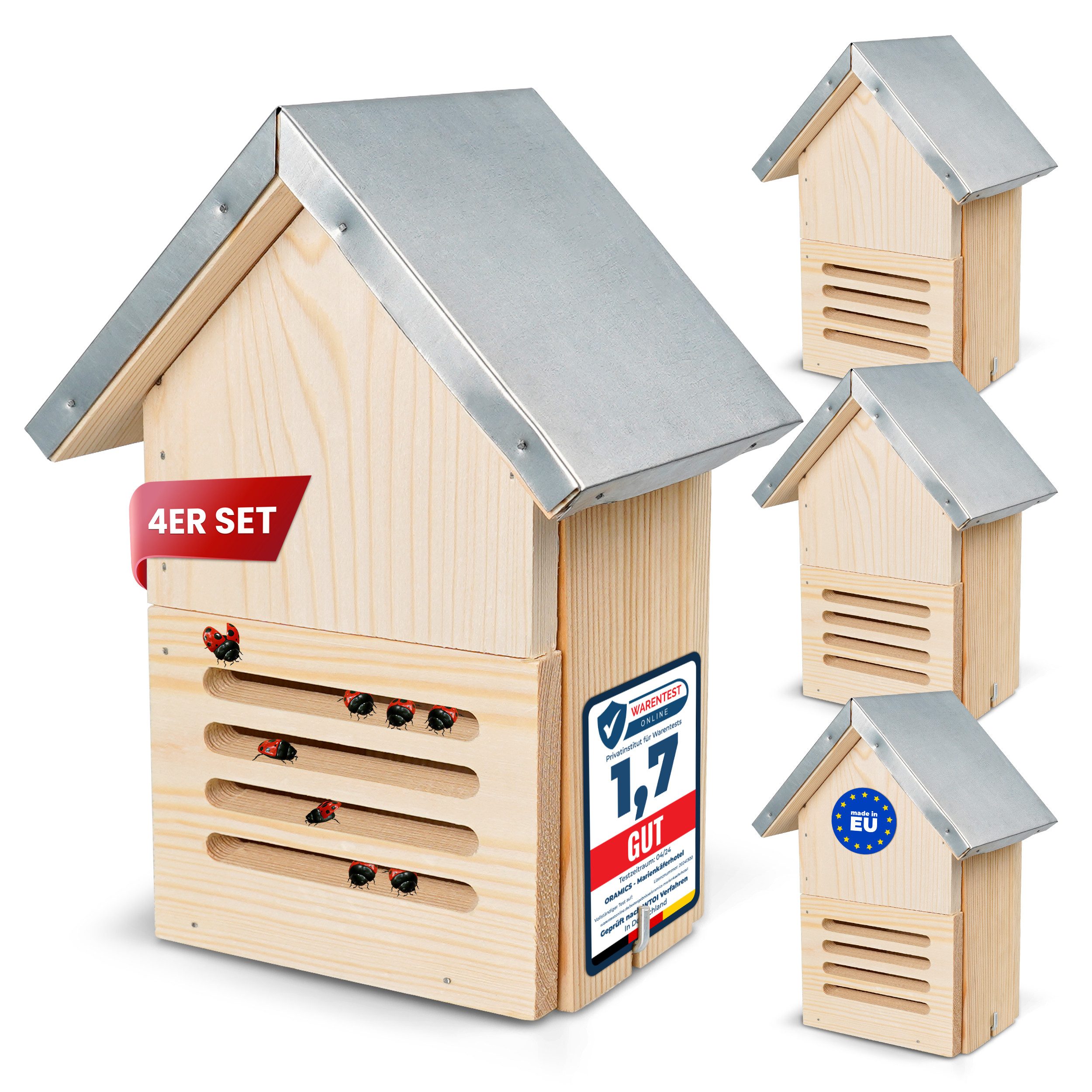 Oramics Insektenhotel Marienkäferhaus Blechdach Holz Nistkasten Nisthaus überwintern, (robustes Nisthaus aus Massivholz mit Blechdach für das ganze Jahr, 4-St., wetterfestes langlebiges Marienkäfer-Holzhaus mit Spitzdach), robuster massiver Marienkäfer-Kasten zum Züchten oder zur Aufzucht
