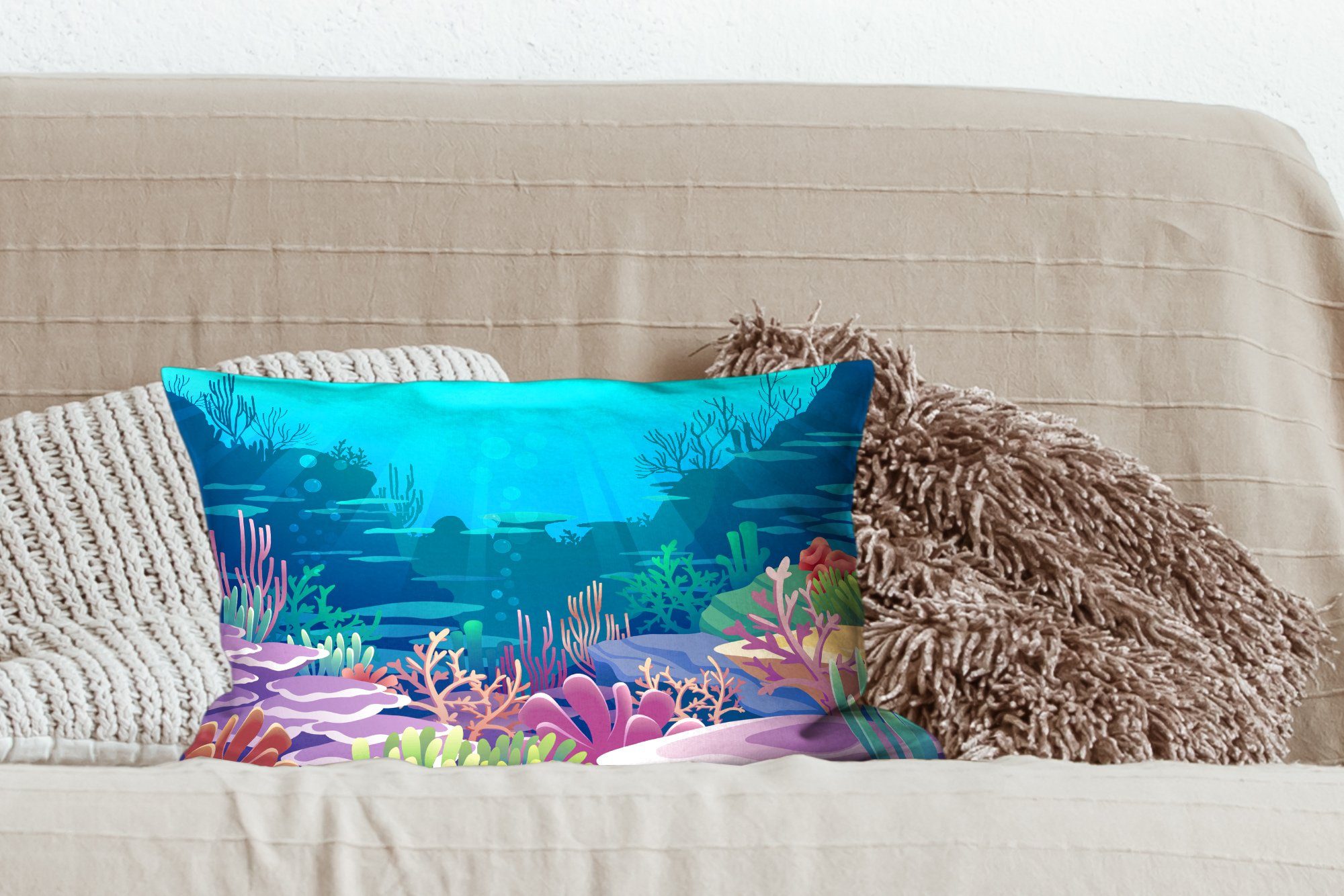 Korallen Illustration, Meer Füllung, - Zierkissen, Dekoration, MuchoWow Unterwasserwelt Schlafzimmer Wohzimmer Dekokissen - mit Dekokissen -