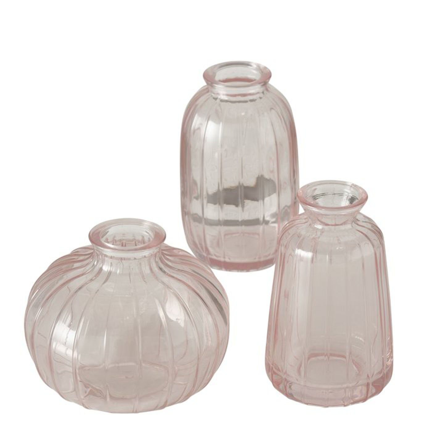 Tischvase Dekovase im 3er Set aus Glas 3 Formen Oval, Flasche und Rund - Rosa