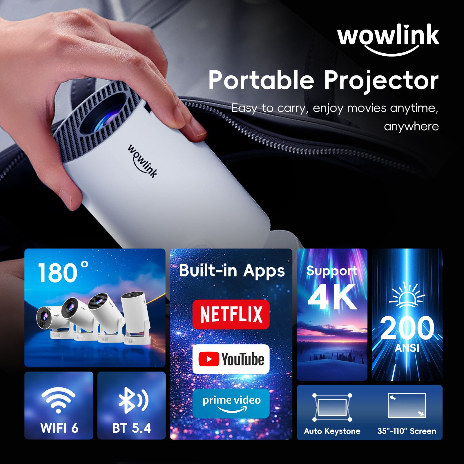 wowlink Mini Beamer Unterstützt 4K 1080P, Projektor mit WiFi 6, Bluetooth 5.4 Beamer (200 lm, 10000:1, 4K px, Automatische Trapezkorrektur mit HDMI/TV Stick/Laptop) weiß