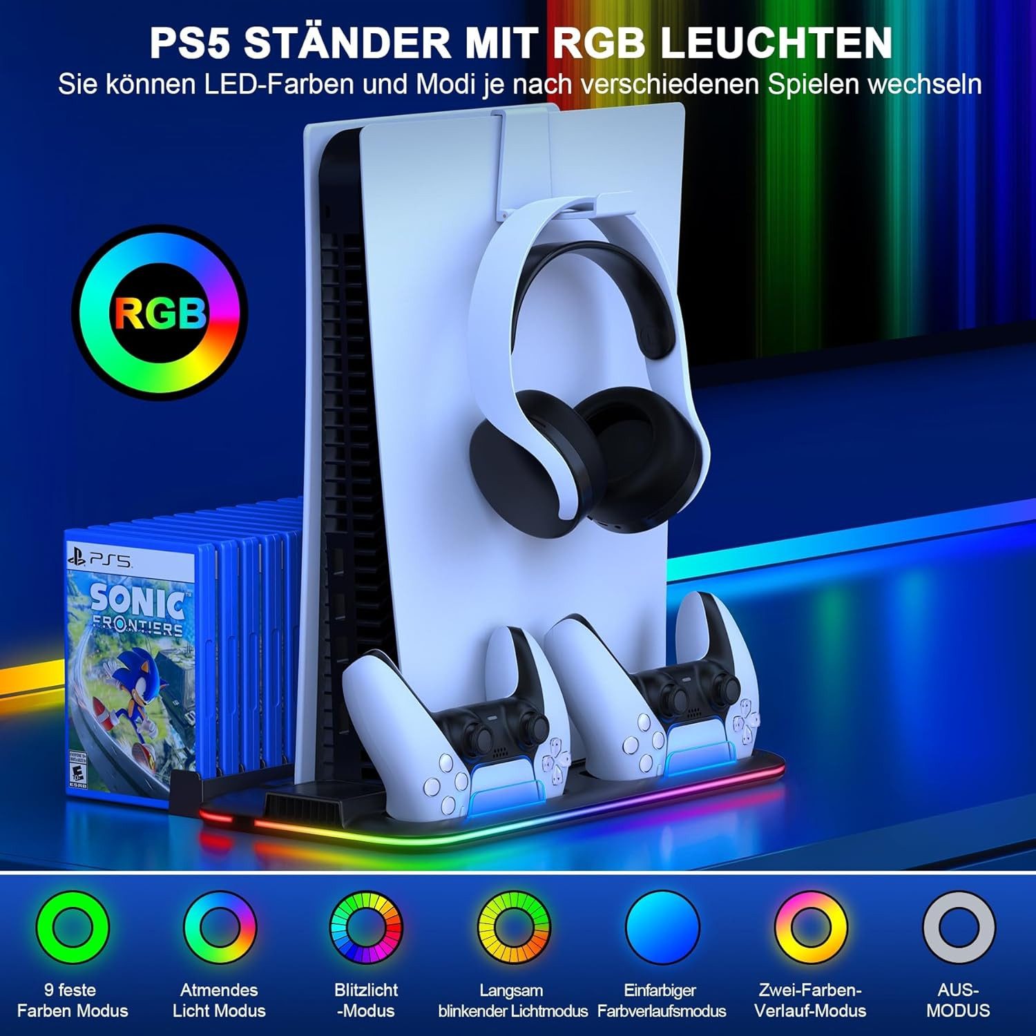 ibettertec PS5 Ständer mit 3 stufig Lüfter und RGB Licht Controller-Ladestation (PS5 Controller Ladestation,PS5 Standfuß für PS5 Disc/Digital Edition Controller Ladestation, mit Headset Halterung und mit 6 Spiele Lagerung)