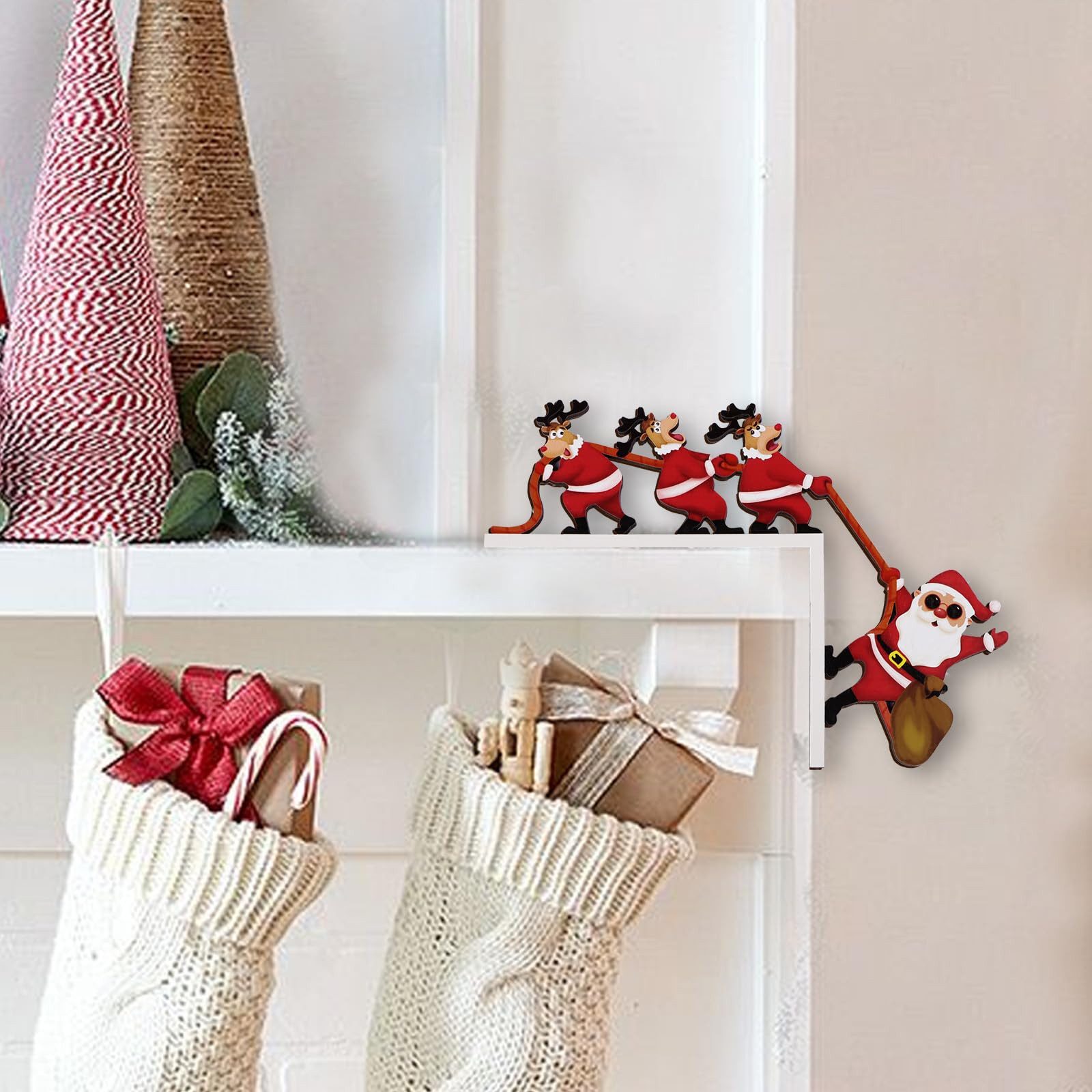 FOUORTUNATE-BEE Dekoobjekt Türrahmen Weihnachtsdeko aus Holz (mit Klebeband, kreative Weihnachtseck-Deko mit Elch, Weihnachtsmann und Geschenken, Türdeko für Wä – Bild 4 von 5