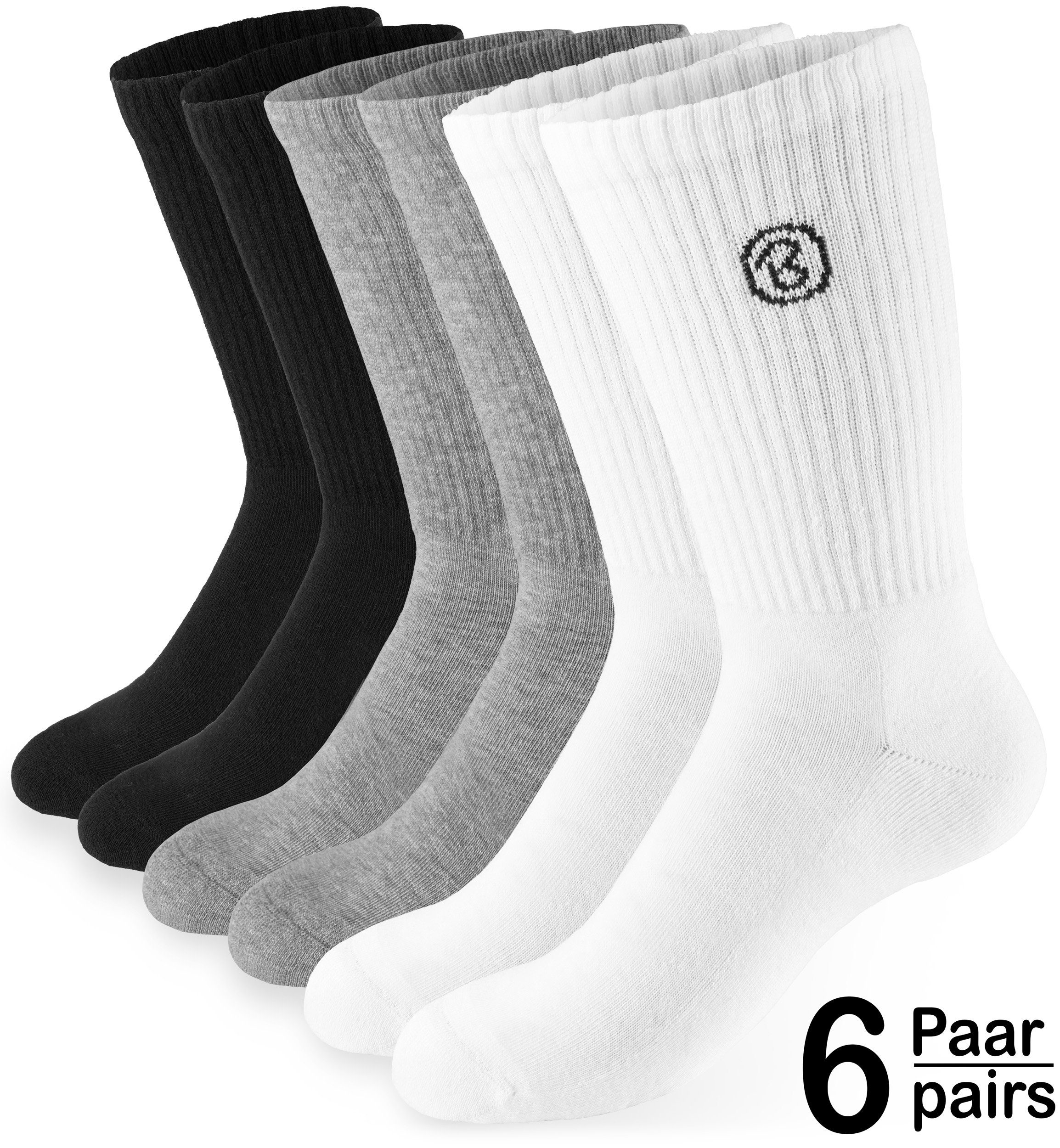 BRUBAKER Tennissocken Lange Sportsocken für Herren und Damen (Set, 6 Paar) Unisex Fitness Socken aus Baumwolle und Polyester - Crew Socks