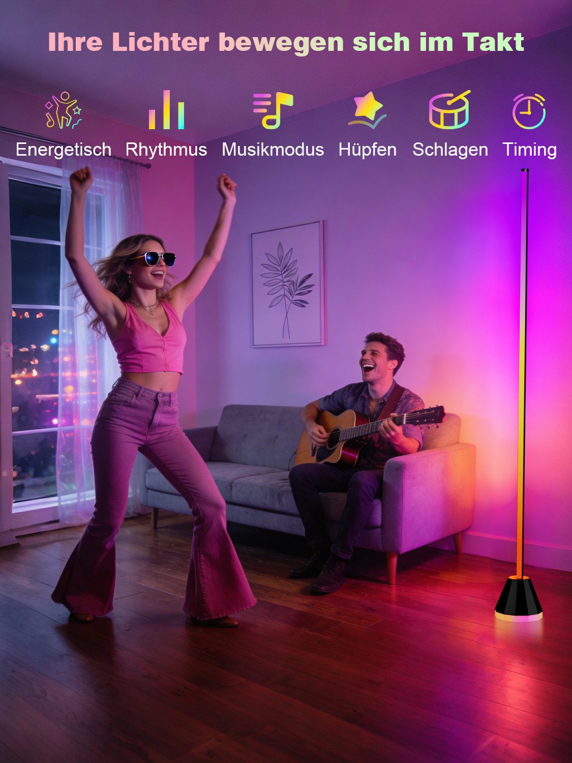 Lujasi LED Stehlampe RGBIC LED Stehlampe Wohnzimmer, dimmbar mit Fernbedienung & App, Timing -Funktion, LED fest integriert, warmes Licht, kaltes Licht, natürliche Licht, rgb, 16 Millionen DIY-Farben, Musik-Sync, Höhenverstellbare Ecklampe