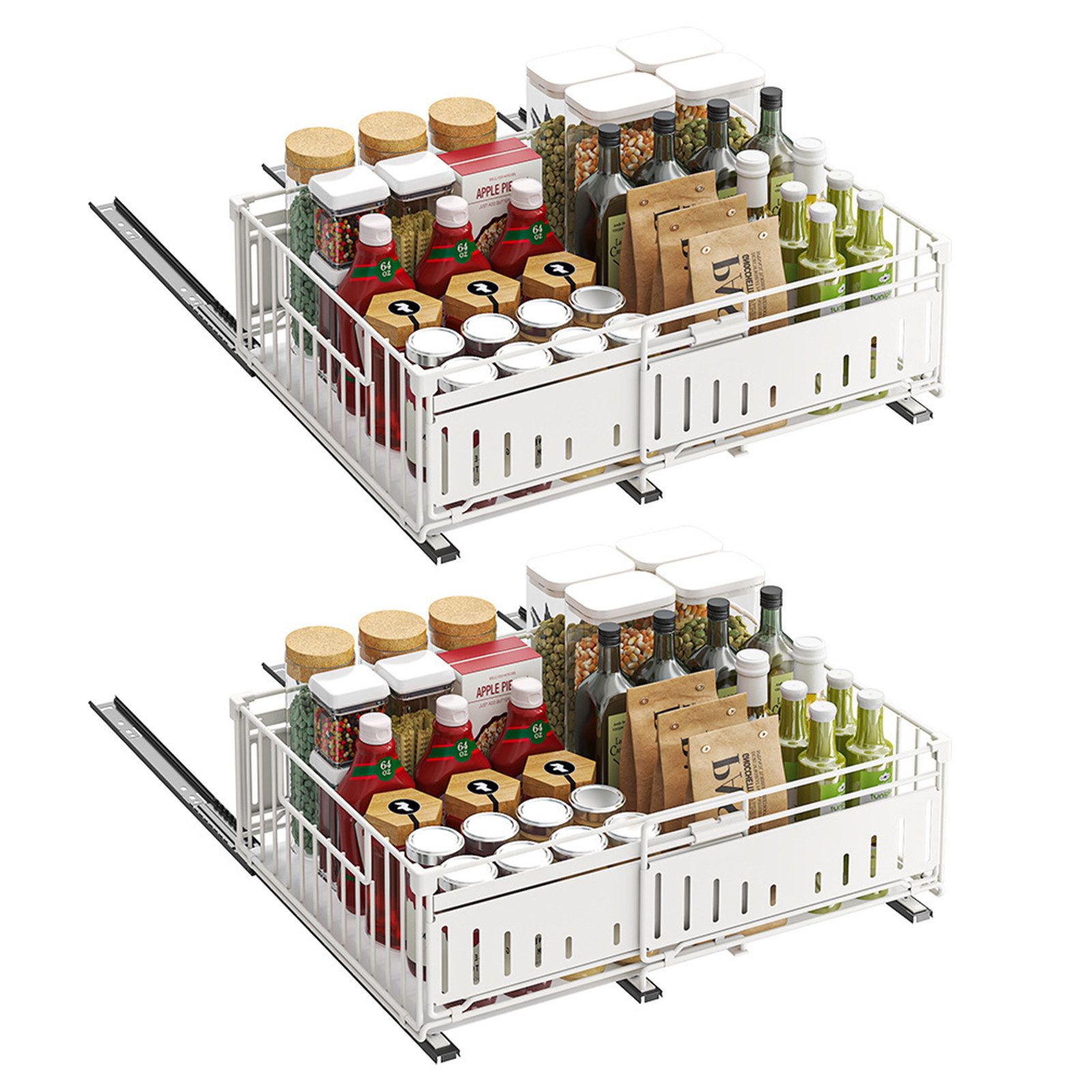 LEMLIT Küchenorganizer-Set 2 Stück Teleskopschubladen 32,5-49,5 cm, Küchen Organizer Weiß, (2er Set, 2-tlg., Produktmaße: 32,5–49,5 x 39 x 16,5 cm), Ohne Bohren, Mit Kleber, Leise Gleitschienen, Erweiterbar