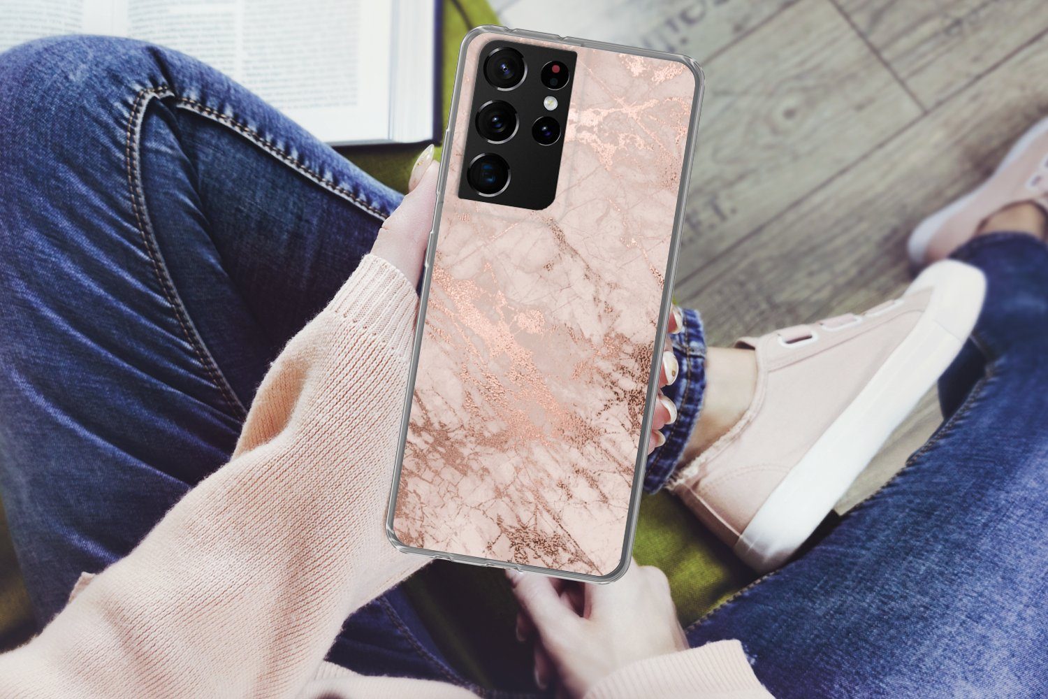 MuchoWow Handyhülle für Samsung Galaxy S21 Ultra Marmor - Rosa - Luxus - Marmoroptik - Gli, Phone Case, Silikon, Schutzhülle Dünn
