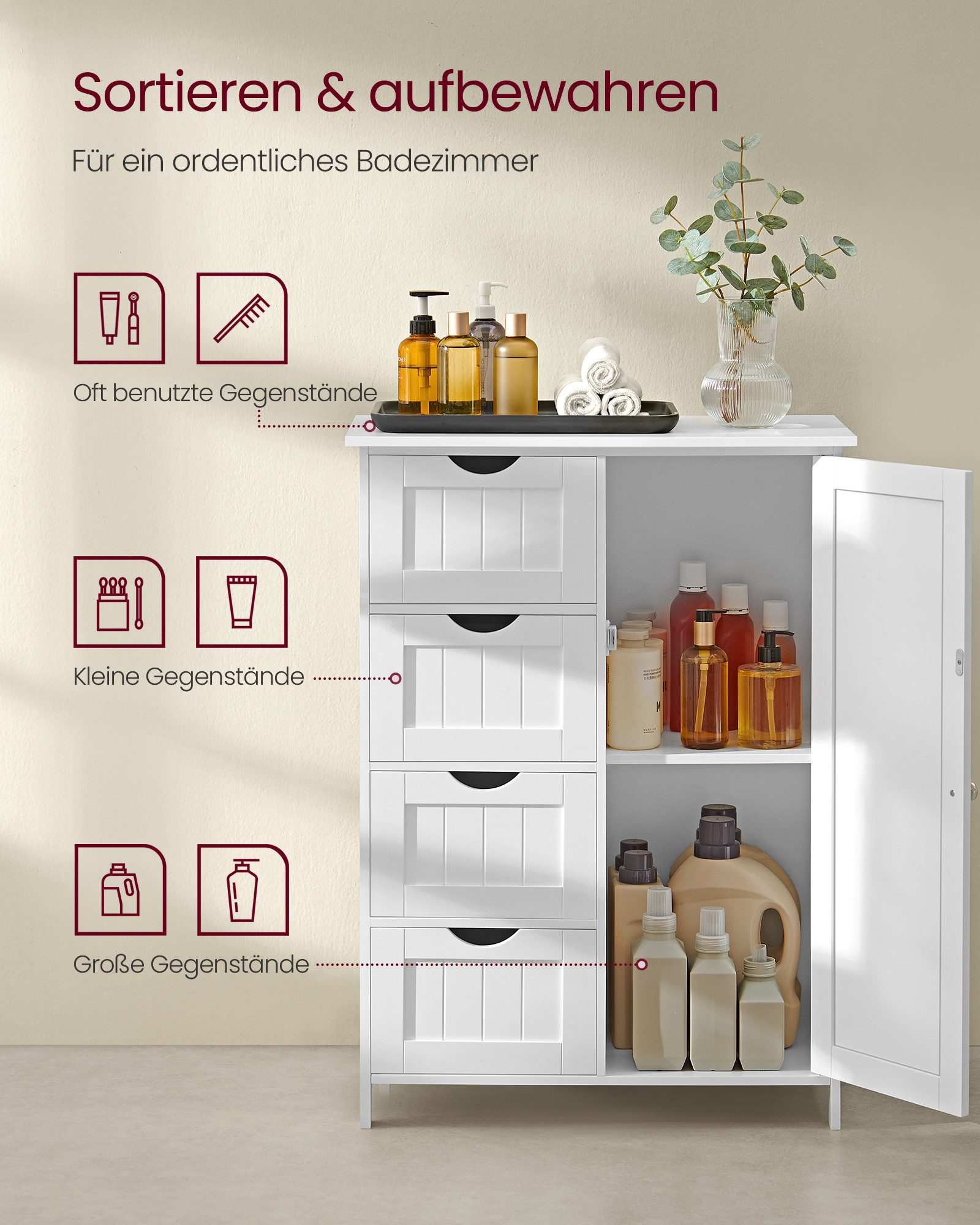 VASAGLE Badmöbel-Set Badezimmerschrank Badschrank Beistellschrank,verstellbare Ablage, mit 4 Schubladen, Schranktür, 35 x 65 x 90 cm, Kommode – Bild 5 von 5