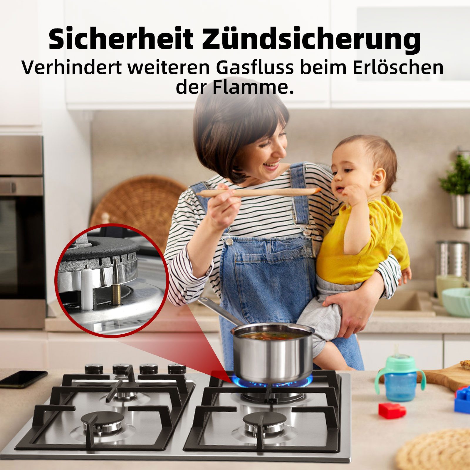 GASLAND Gas-Kochfeld GH60SF, Einbau Gaskochfeld Edelstahl 4-flammig, 8000 W, LPG/Erdgas
