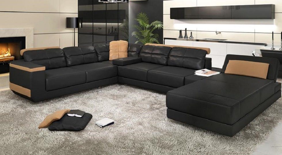 Polster JVmoebel Wohnlandschaft Sitz Ecksofa Maßfertigung Neu Ecksofa, Couch Schwarz/Orange Ledersofa