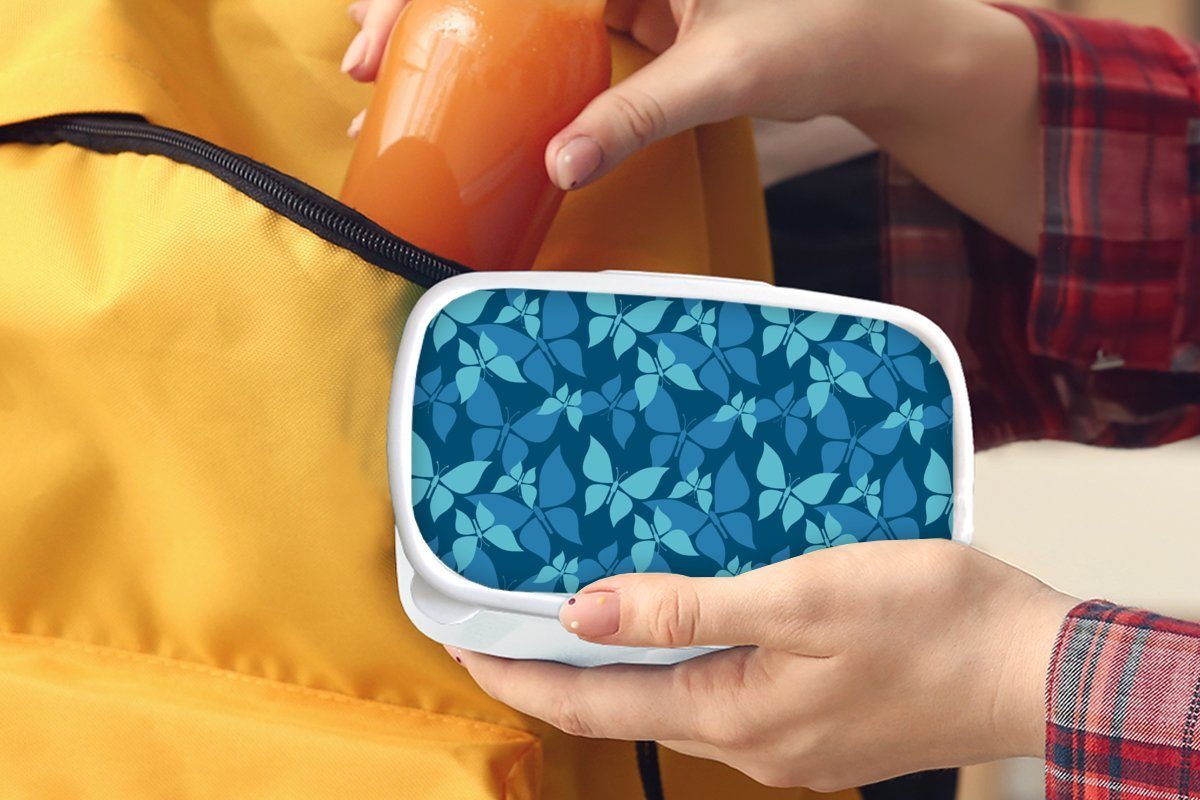 Blau, MuchoWow und Kunststoff, - - Brotdose, Kinder Muster Erwachsene, für (2-tlg), weiß Jungs für Mädchen Lunchbox Schmetterlinge und Brotbox