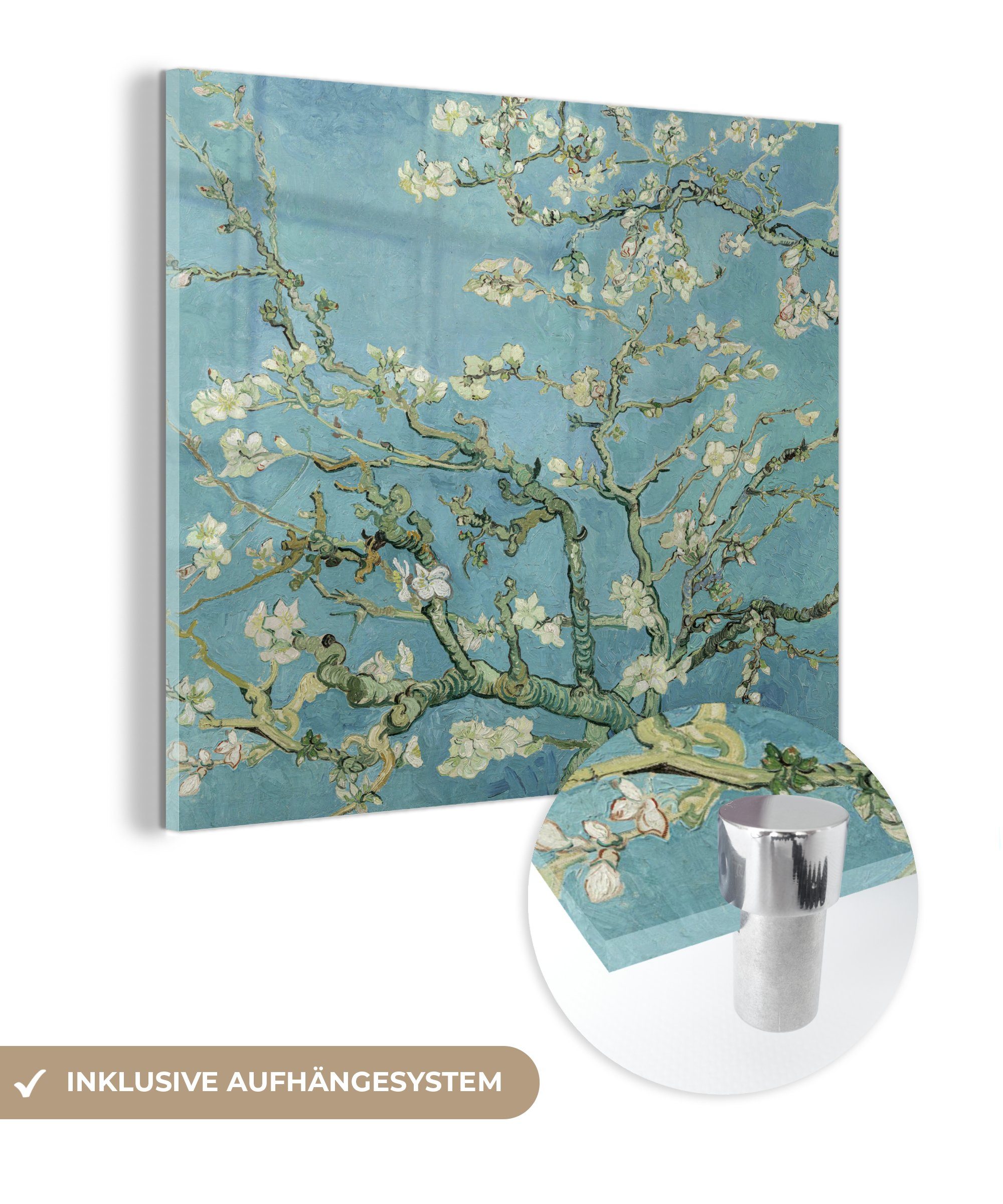 Glasbilder auf - - - Acrylglasbild - Bilder Gogh (1 Van Mandelblüte - Gogh Blüte Kunst Wanddekoration - Meister Alte - Glas Glas Wandbild Vintage, MuchoWow - St), Foto auf Van