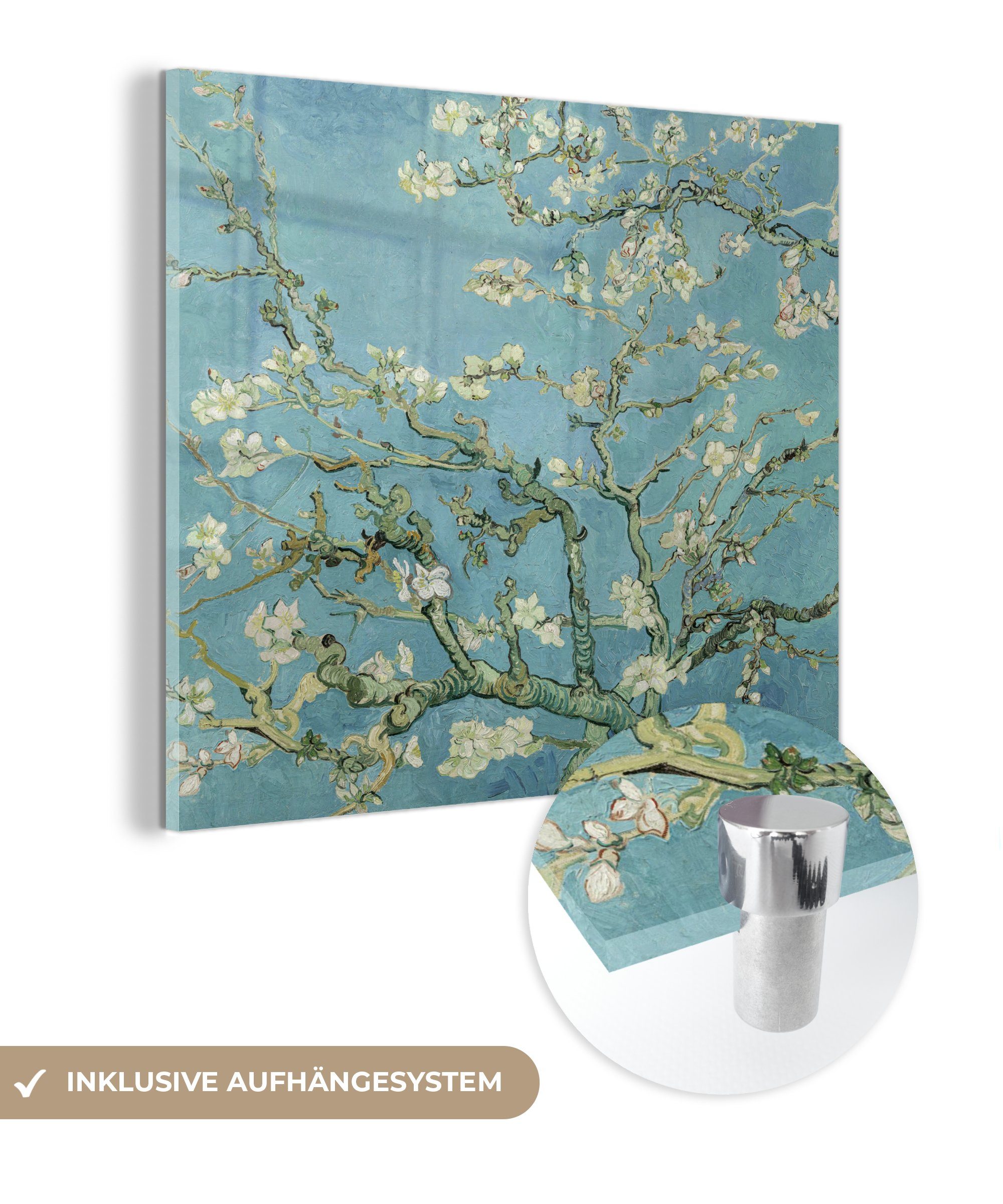 MuchoWow Acrylglasbild Van Gogh - Mandelblüte - Alte Meister - Kunst - Vintage, Inkl. Aufhängung, Bilder auf Glas Wandbild, Wanddeko Wohnzimmer Badezimmer, 20x20 cm
