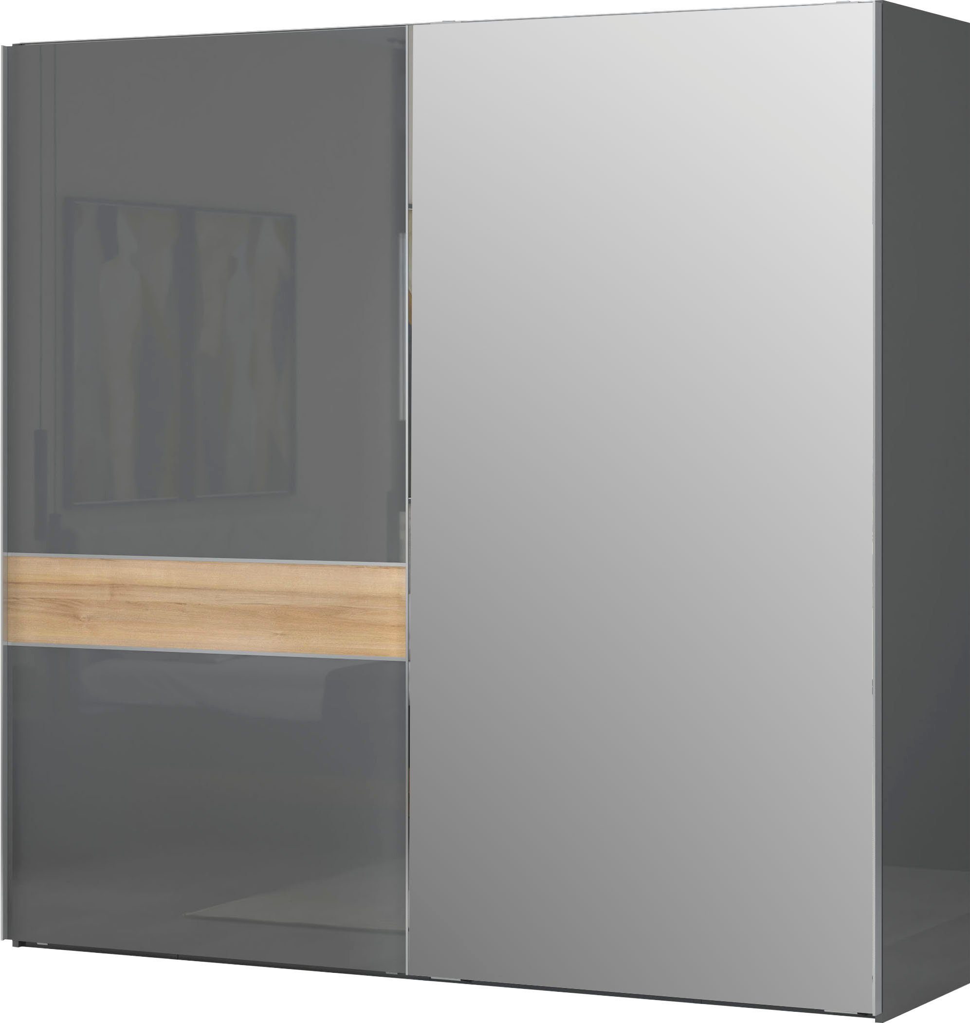 OTTO home Schwebetürenschrank Onyx, Schwebetürenschrank inklusive Innenleben, FSC-zertifiziert (in 3 Breiten: 182, 230 oder 272cm, Höhe 224cm, mit Spiegel) UV lackiert, hochglänzend anthrazit, mit Soft-Close Funktion