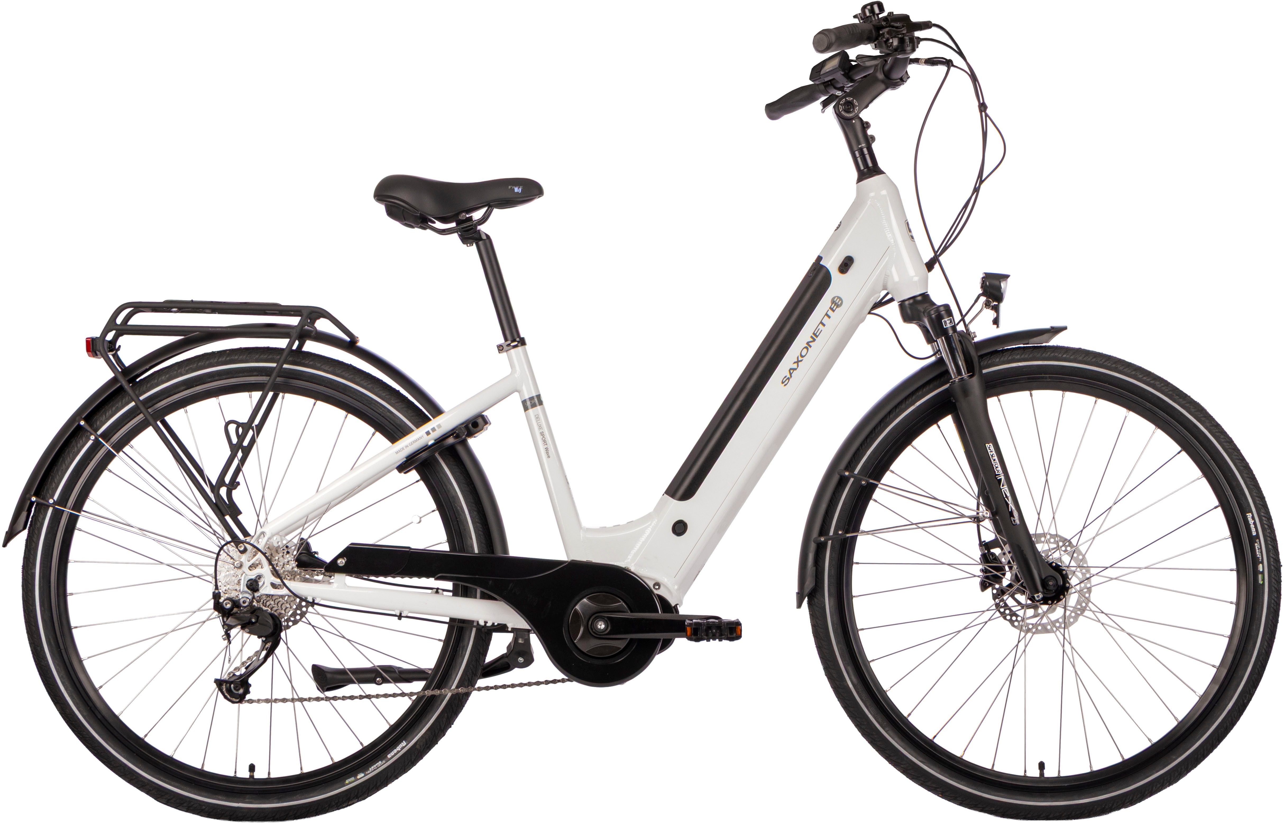 SAXONETTE E-Bike Trekkingrad E-Bike Cityrad Deluxe Sport (Wave), 9 Gang Shimano Alivio Schaltwerk, Kettenschaltung, Mittelmotor, 418 Wh, (Packung), (mit integr. Akku), Elektrofahrrad für Damen u. Herren