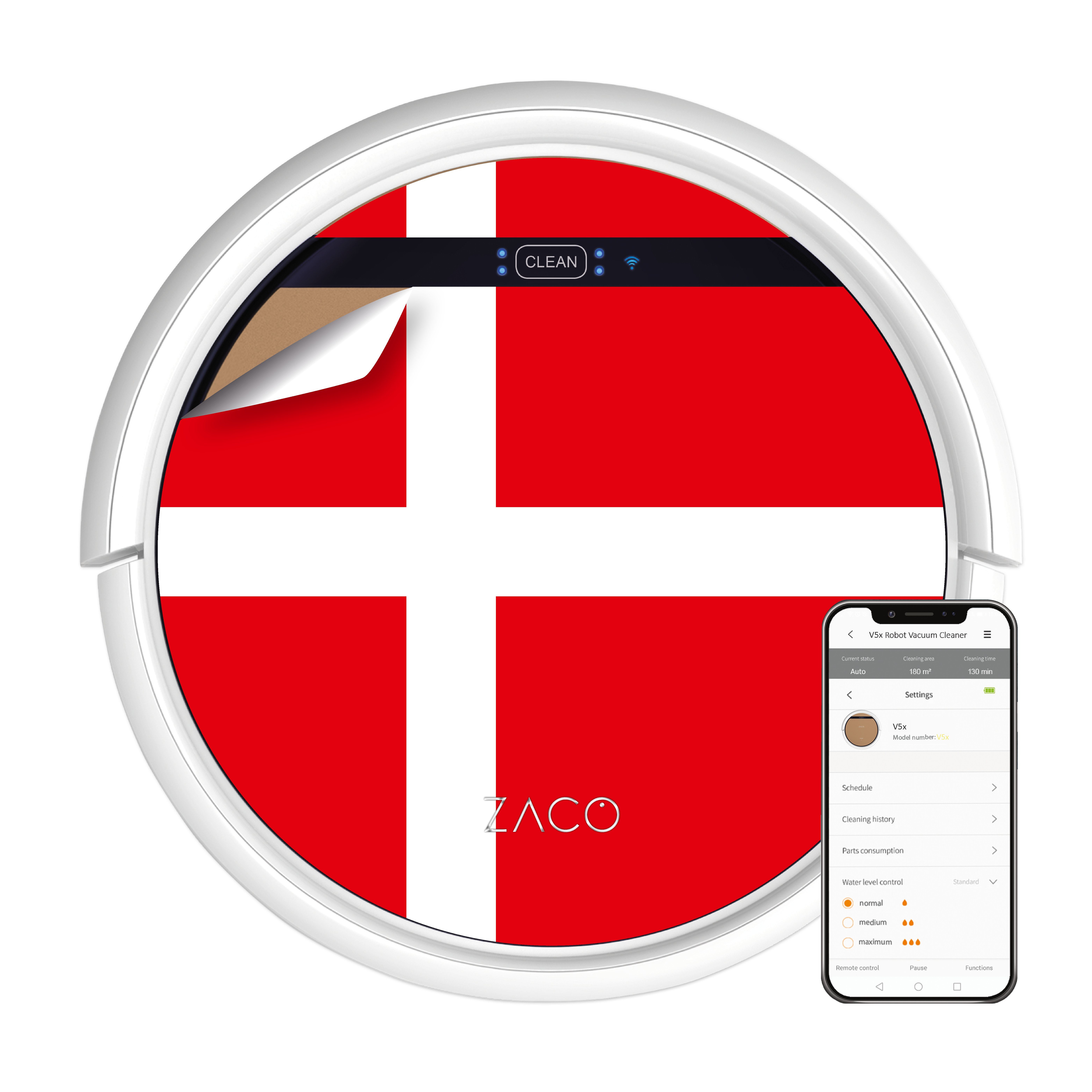 W, V5x, Sprachsteuerung, mit Tierhaare Dänische Wischfunktion Flagge Saugroboter 22 App, Alexa beutellos, ZACO Nass-Trocken-Saugroboter